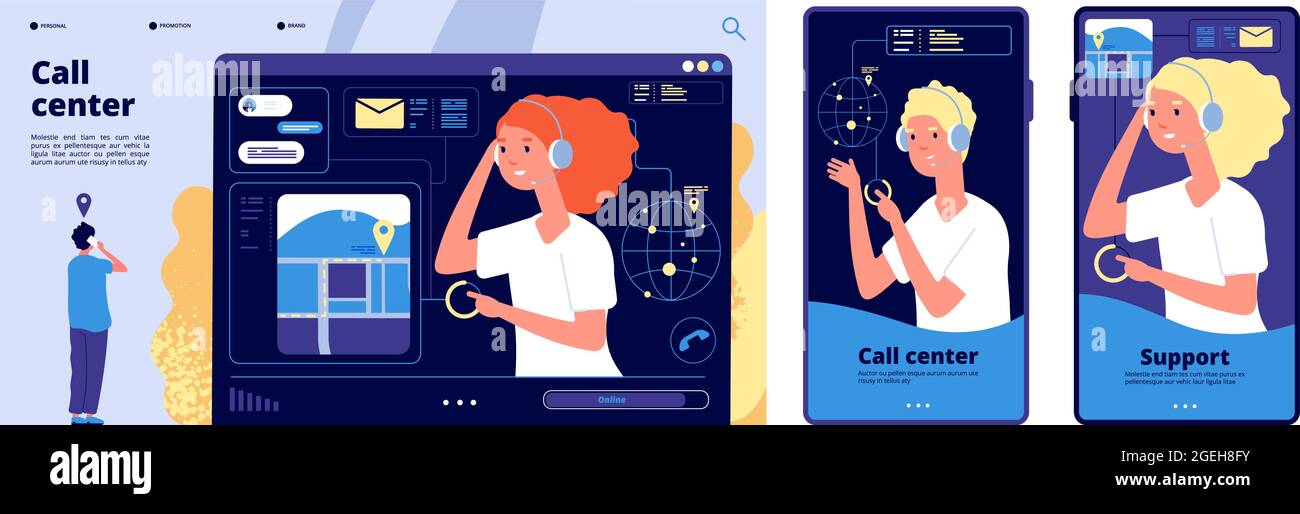 Concetto di call center. Landing page, modello mobile per il servizio di assistenza clienti. Assistente personale online, illustrazione vettoriale dell'help desk Illustrazione Vettoriale
