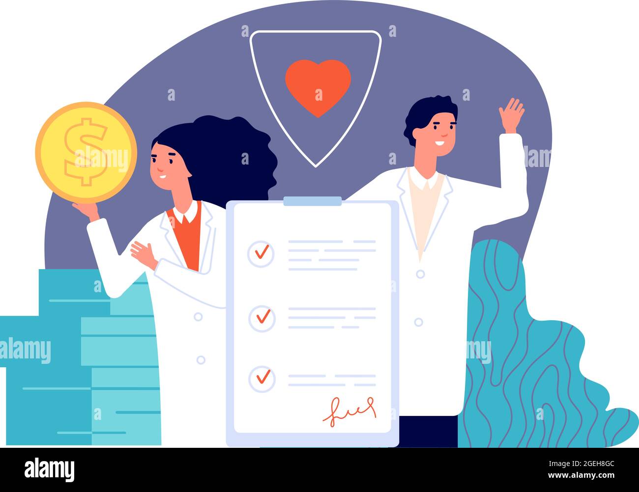 Assicurazione sanitaria. Politica sanitaria, servizio di sicurezza medica per denaro. Medici ospedalieri, Life Protect business plan illustrazione vettoriale Illustrazione Vettoriale