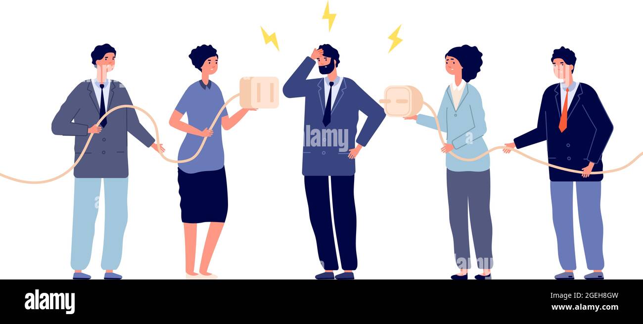 Le persone scollegano la spina. Errore di connessione, manutenzione cavo non in linea. Problemi di business o fallire partnership. Scollegare l'illustrazione del vettore del dispositivo Illustrazione Vettoriale