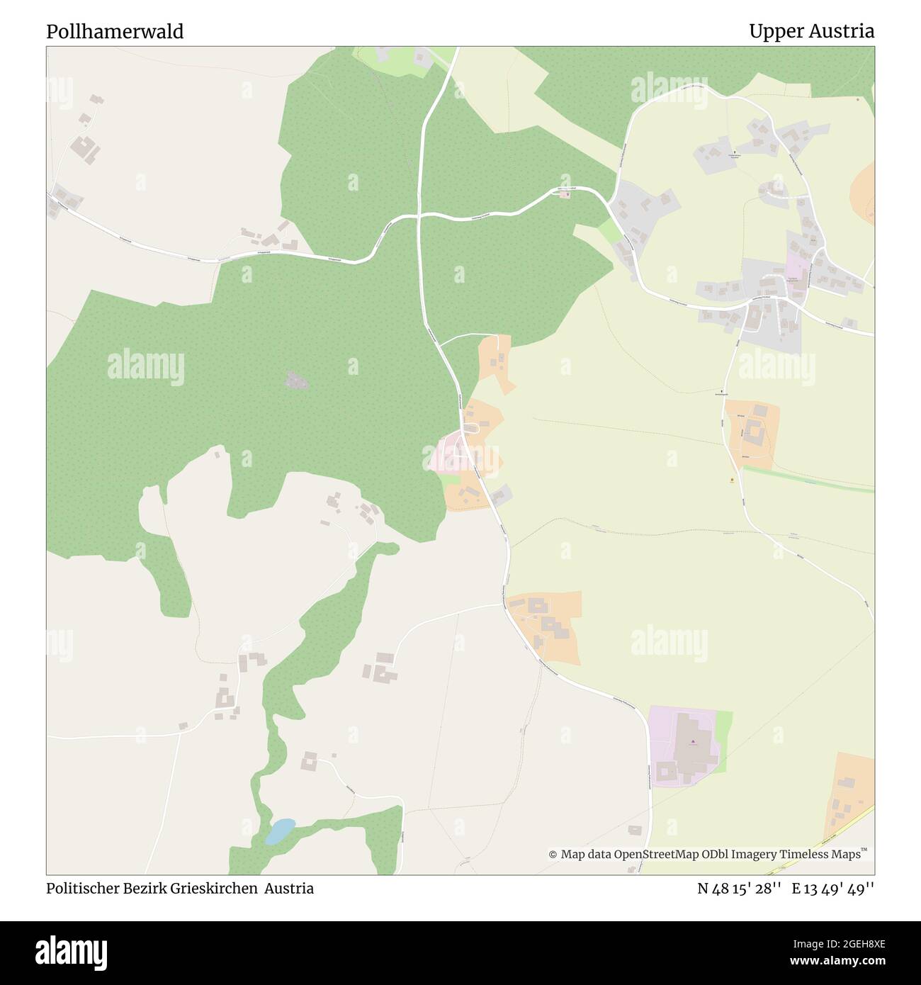 Pollhamerwald, Politischer Bezirk Grieskirchen, Austria, Austria superiore, N 48 15' 28'', e 13 49' 49''', mappa, Mappa senza tempo pubblicata nel 2021. Viaggiatori, esploratori e avventurieri come Florence Nightingale, David Livingstone, Ernest Shackleton, Lewis and Clark e Sherlock Holmes si sono affidati alle mappe per pianificare i viaggi verso gli angoli più remoti del mondo, Timeless Maps sta mappando la maggior parte delle località del mondo, mostrando il successo di grandi sogni Foto Stock