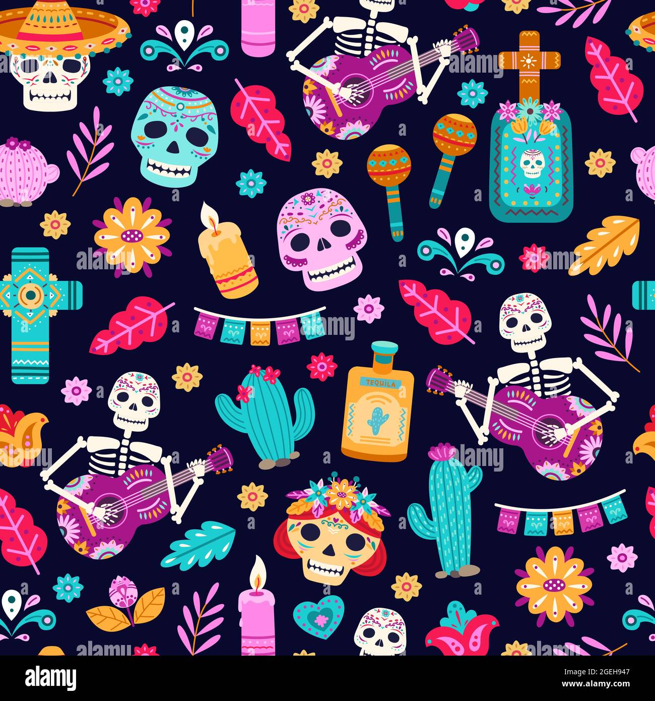 Giorno di morte senza giunture pattern. Decorazione floreale, elegante stampa natalizio di Halloween. Moda zucchero cranio, arte messico scheletri struttura vettoriale Illustrazione Vettoriale