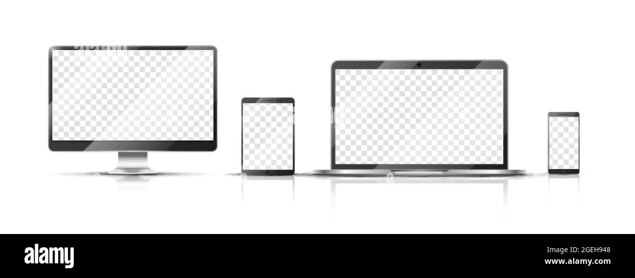 Dispositivi realistici. Smartphone, monitor notebook e tablet con schermo trasparente. Illustrazione del vettore mobile isolato Illustrazione Vettoriale