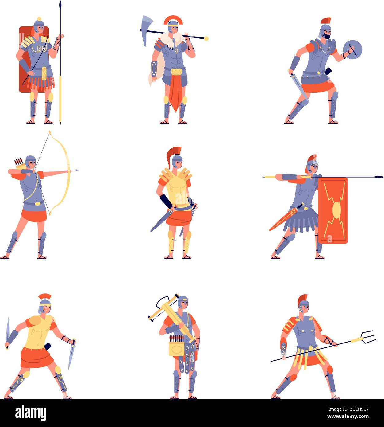 Esercito romano. Roma antica, guerra combattente legione guerriero. Isolato cartoon persone antiche in costumi da casco, personaggi vettore esercito impero piatto Illustrazione Vettoriale