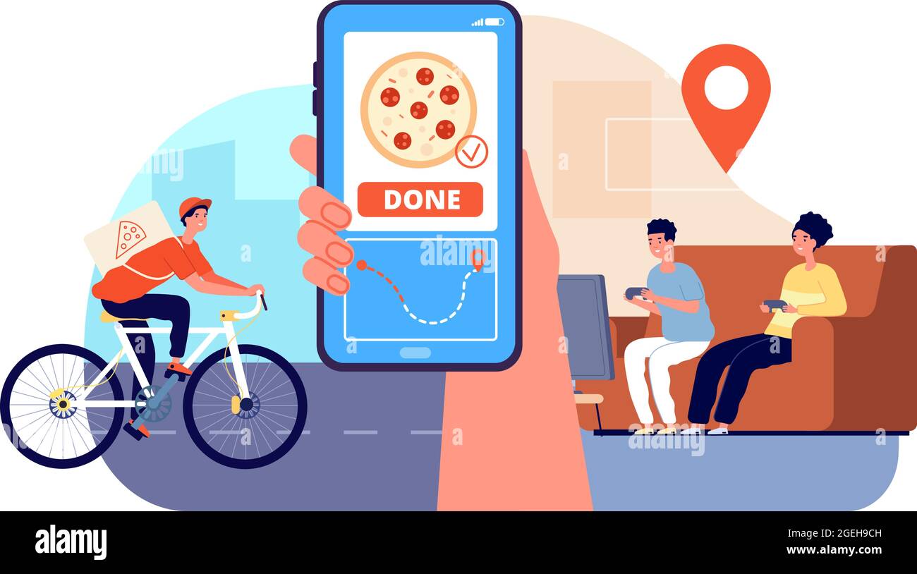 Consegna pizza uomo. Ragazzo in bicicletta con le scatole del cibo, giro ai clienti. La gente gioca a un videogioco e aspetta la cena. App per smartphone per tenere traccia degli ordini Illustrazione Vettoriale