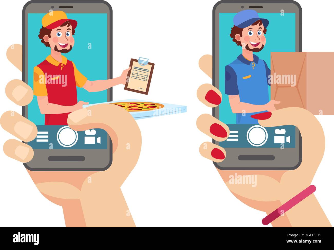 App di consegna online. Uomo con pacchi e pizza guardando da smartphone. Servizio logistico mobile, concetto di vettore alimentare d'ordine Illustrazione Vettoriale