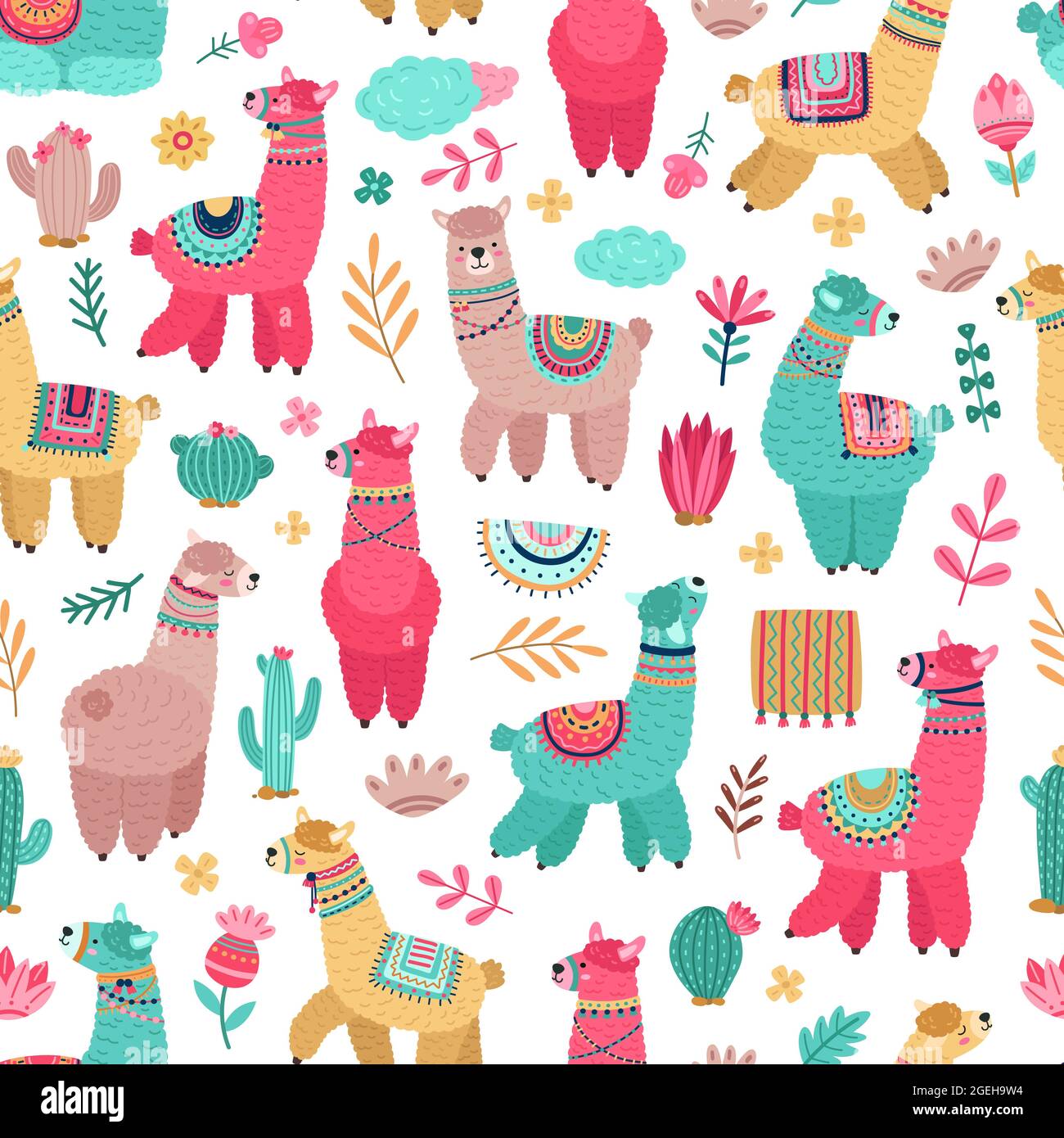 Modello Llama. Disegno di animali, cartoon llamas cactus texture senza cuciture. Cute baby alpaca stampa, creativo decorativo girly sfondo vettoriale Illustrazione Vettoriale