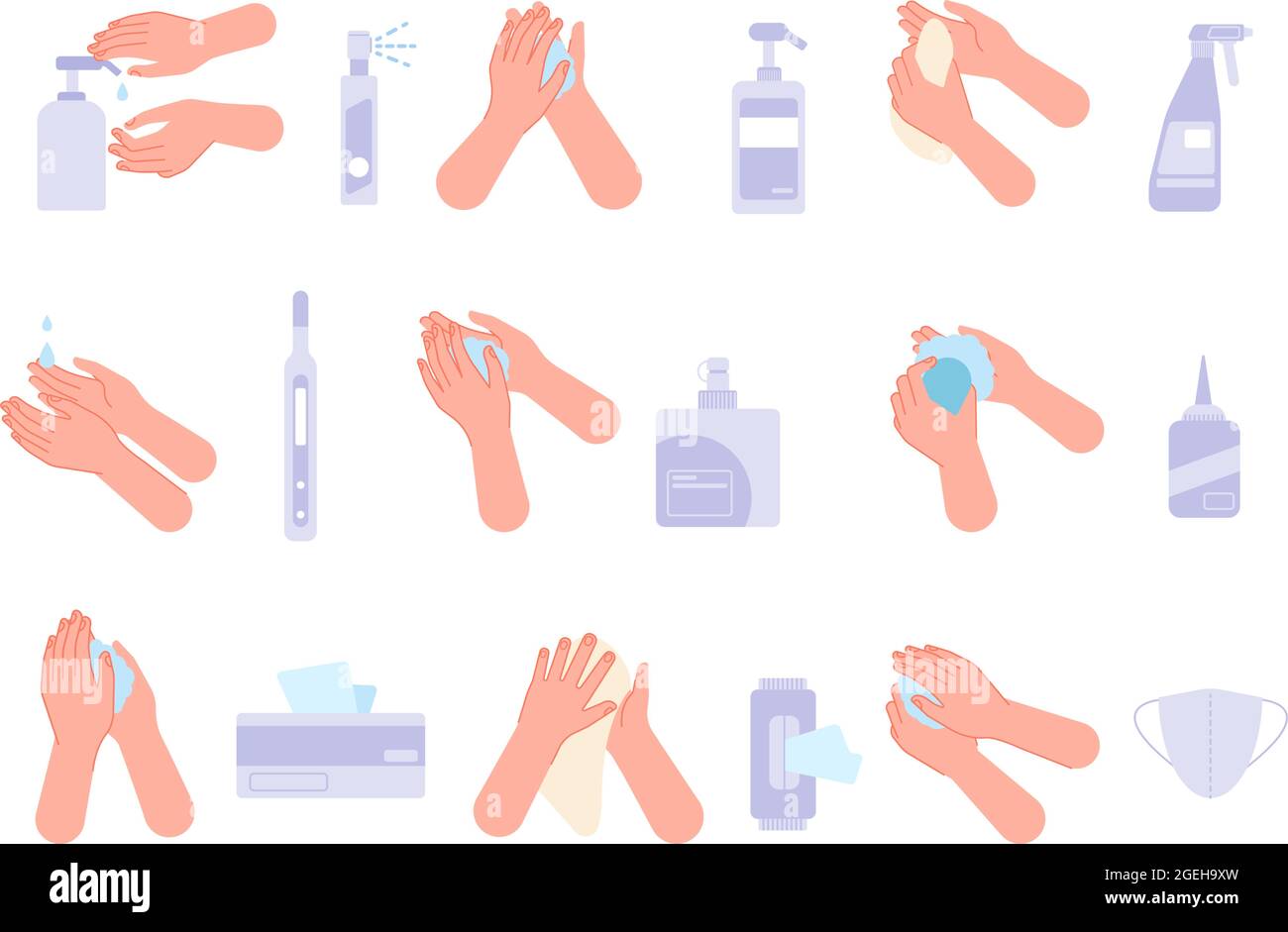 Icone dei dispositivi di protezione individuale. Dispositivi di protezione individuale, maschera di sicurezza per il viso. Processo di disinfezione delle mani, piatto medico igiene spray sapone salviette vettore utter set Illustrazione Vettoriale