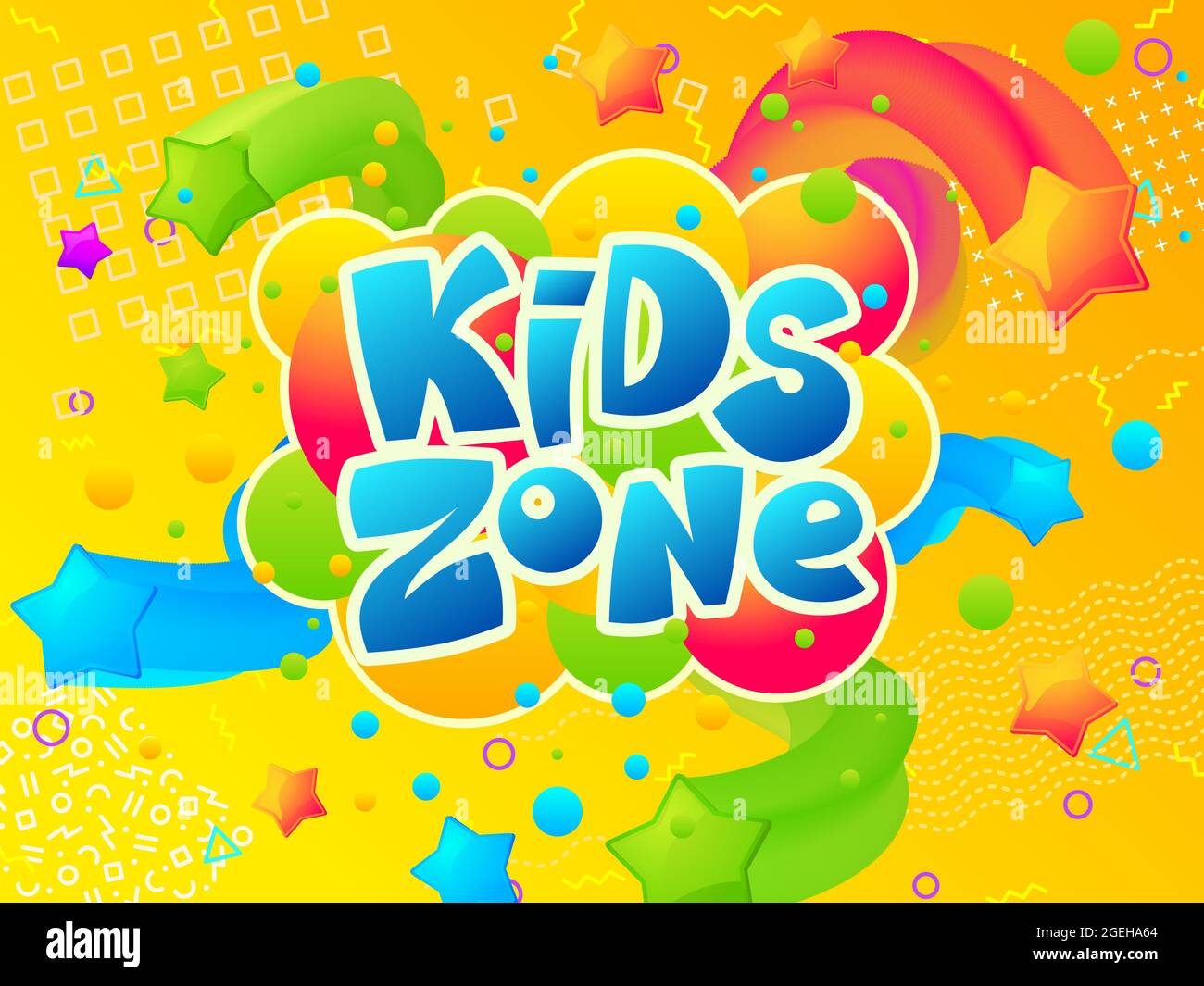 Zona bambini. Area giochi da colorare, cartoon divertente sala per bambini o parco giochi poster creativo. Intrattenimento o negozio di giocattoli sfondo vettoriale Illustrazione Vettoriale