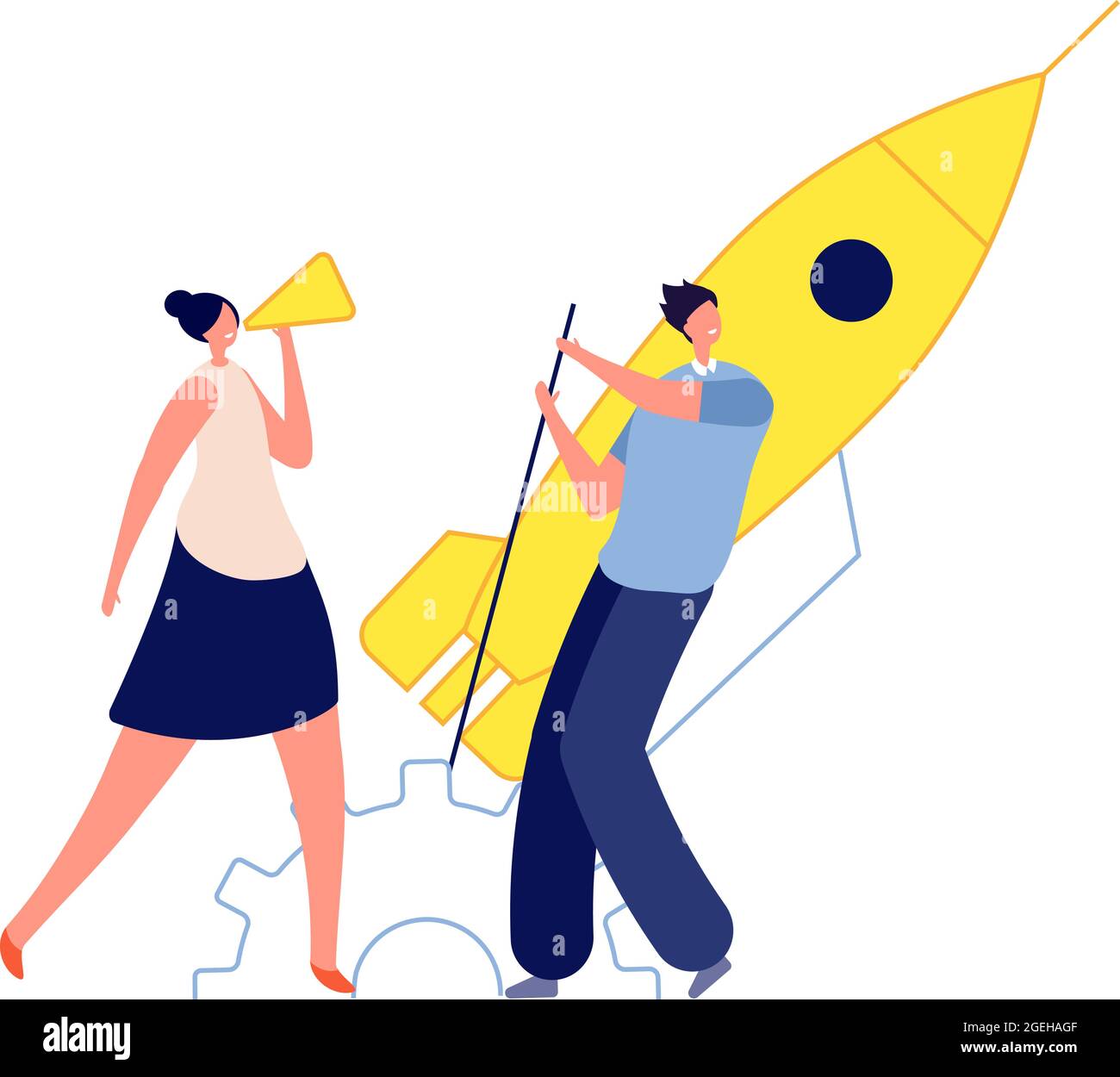 Avvio aziendale. Uomo donna iniziare razzo, marketing o concetto di gestione. Lavoro di squadra e leadership, concetto di collaborazione vettoriale Illustrazione Vettoriale