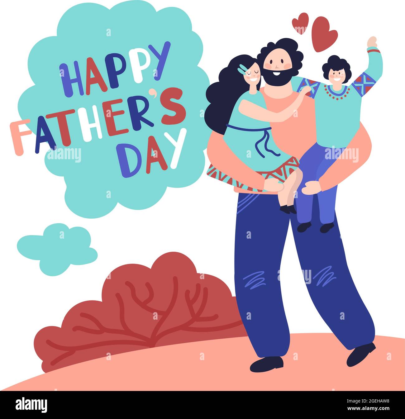 Buon giorno dei padri. Papà che abbraccia il bambino, festeggia la carta con il maschio e i bambini divertenti. Infanzia, uomo passare il tempo con figlio figlia vettore concetto Illustrazione Vettoriale