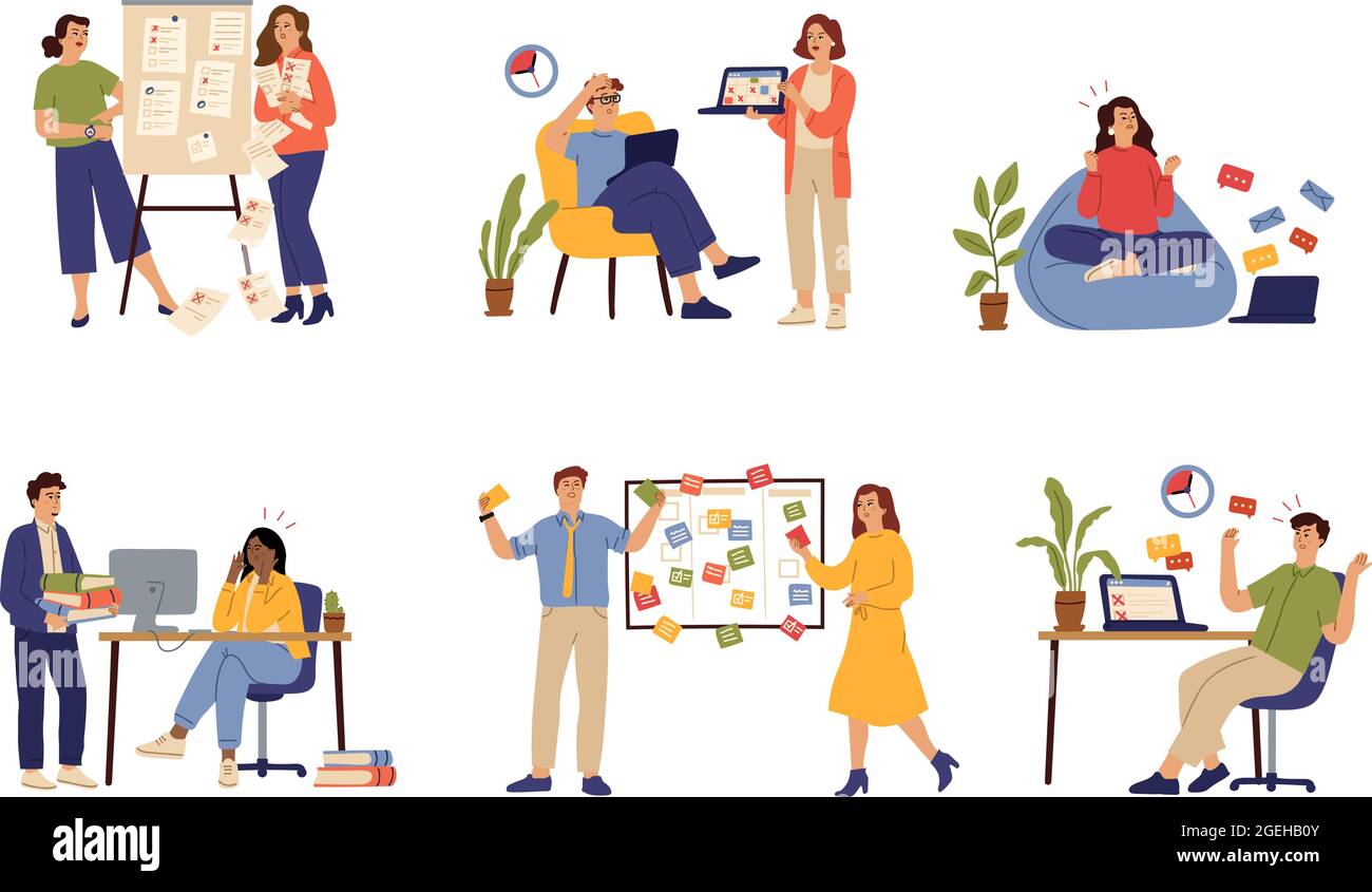 Scadenza del lavoro. Lavoro aziendale, problemi di lavoro o errore nella gestione del tempo. Stress in ufficio, la gente stanca e fallisce disciplina vettore concetto Illustrazione Vettoriale