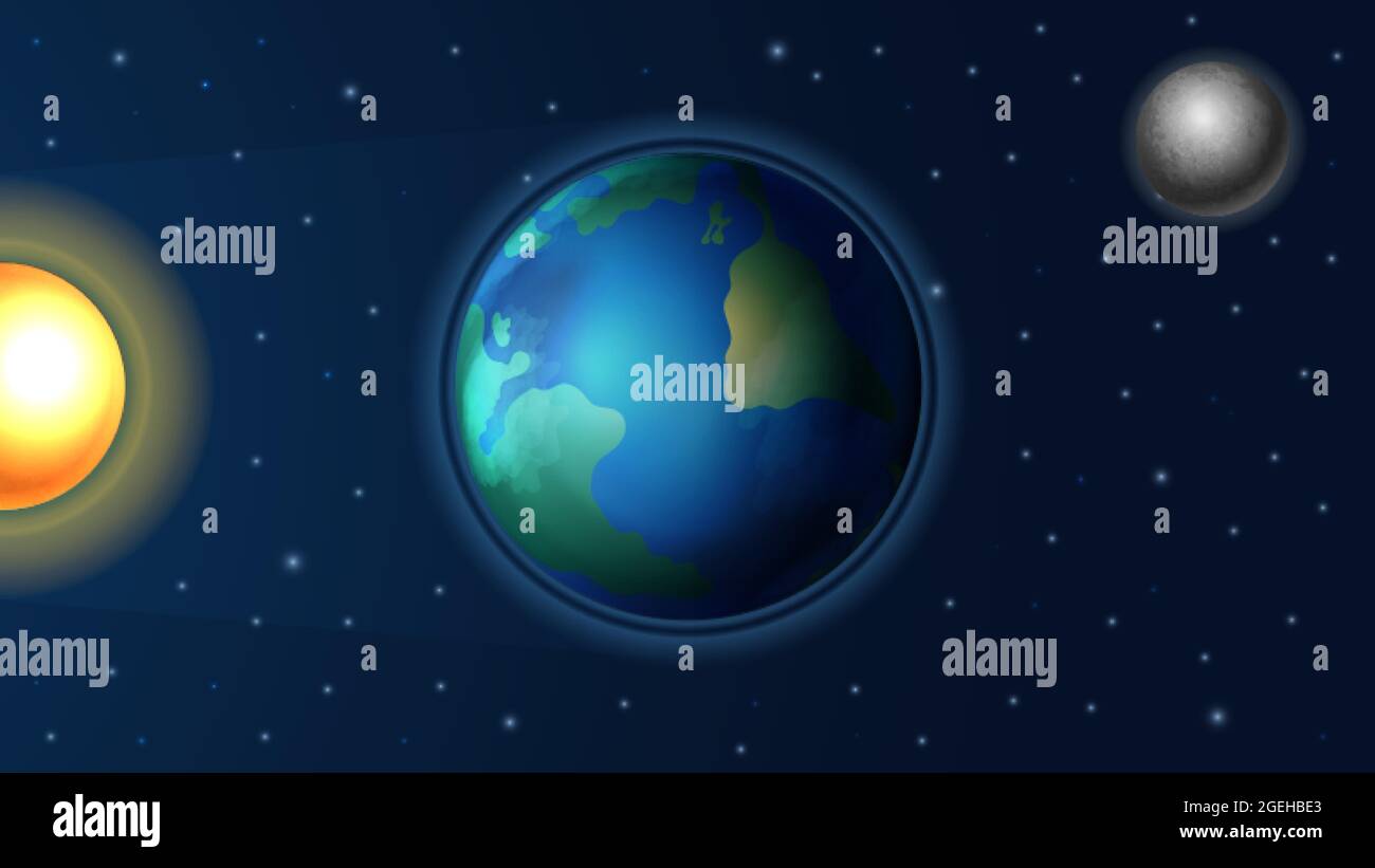 Ciclo notturno diurno. Luce del sole sul pianeta Terra, sole e luna realistici. Sfondo astronomico, raggio nello spazio o sistema solare astratto vettore banner Illustrazione Vettoriale