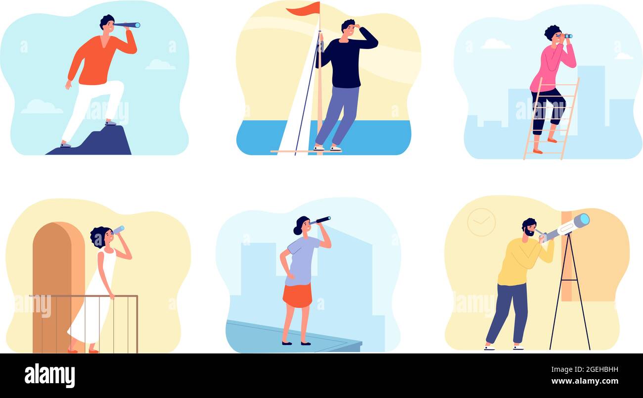Guarda al futuro. Prendendo sfida, donna uomo conquiste. Incertezza speranza, prossimo passo o obiettivo visione. Persone su scala utter vettore set Illustrazione Vettoriale