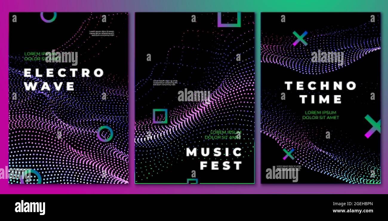 Poster per feste musicali Techno. Volantino club, design elettronico del festival dj. Flusso onde sonore, rock house evento musicale sfondo vettoriale recente Illustrazione Vettoriale