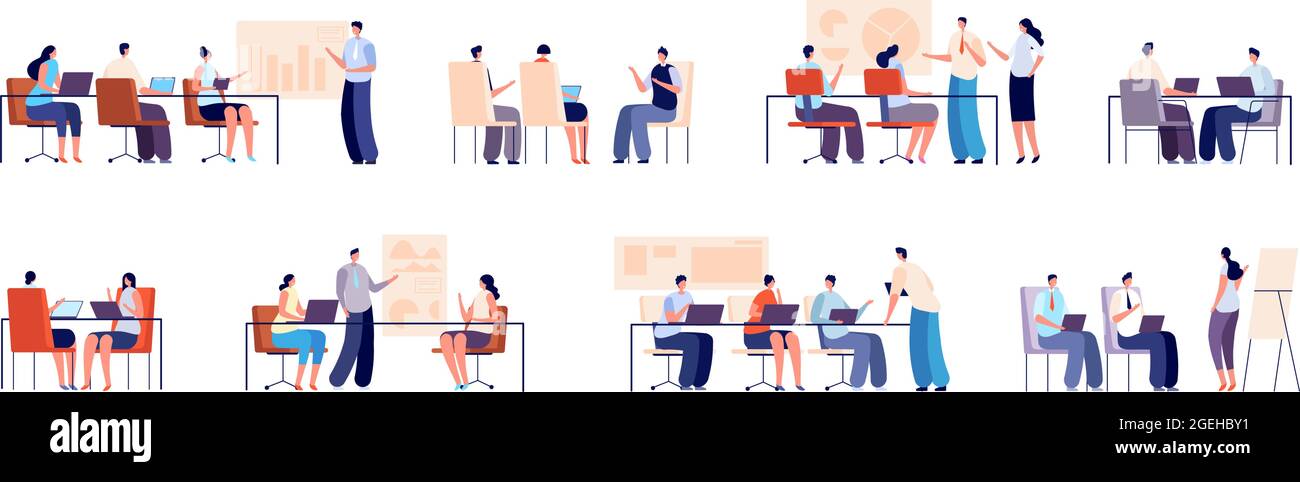 Persone in formazione aziendale. Persone con computer, incontro di gruppo d'affari. Ragazzi e allenatori moderni per ufficio con set vettoriale di presentazione Illustrazione Vettoriale