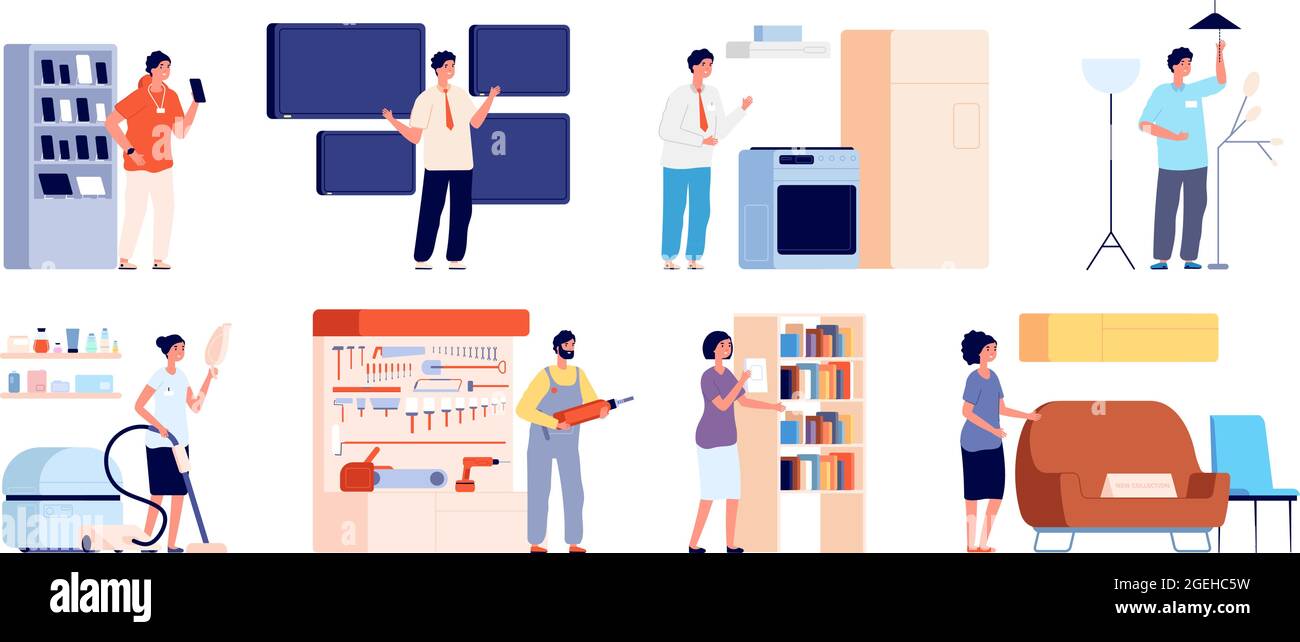 Mostra promozionale. Prodotti di commercio, promozioni marketing consulente pubblicitario. Venditori merci stand, negozio di dettaglio carattere vettore utter Illustrazione Vettoriale