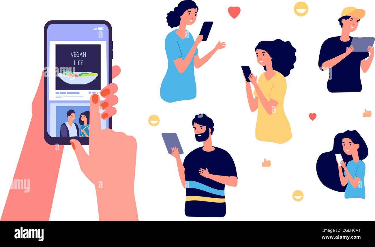 Condividi informazioni. Concetto di social media, le persone con smartphone amano le foto. Illustrazione moderna del vettore di comunicazione Illustrazione Vettoriale