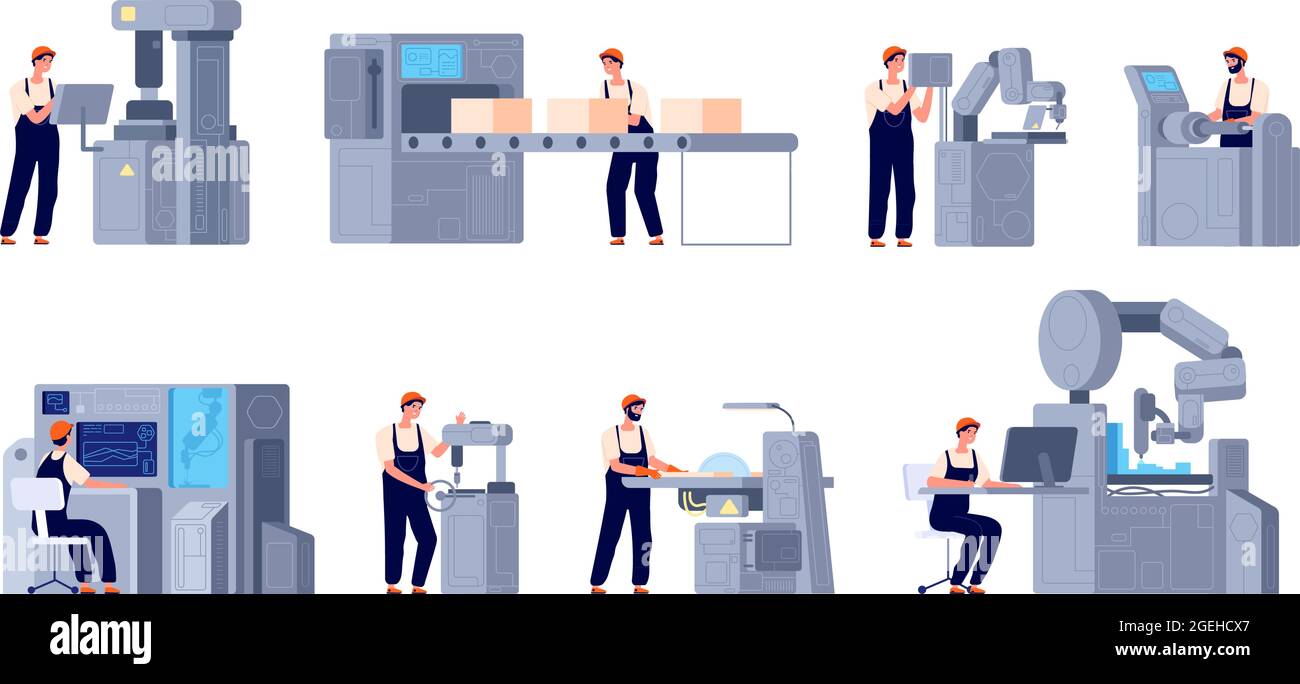 Operai di fabbrica. Ingegnere industriale, professionisti del settore moderno. Produzione innovativa, set vettoriale di troncatori per elettronica di processo flat work Illustrazione Vettoriale