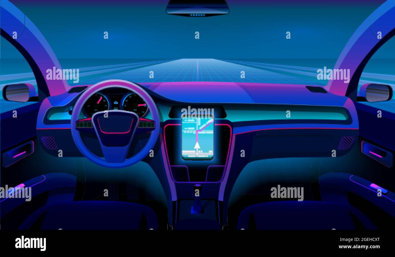 All'interno di un'auto futuristica. Auto al neon, interni moderni e griglia  stradale. Veicolo senza conducente su sfondo vettoriale di traffico  notturno Immagine e Vettoriale - Alamy