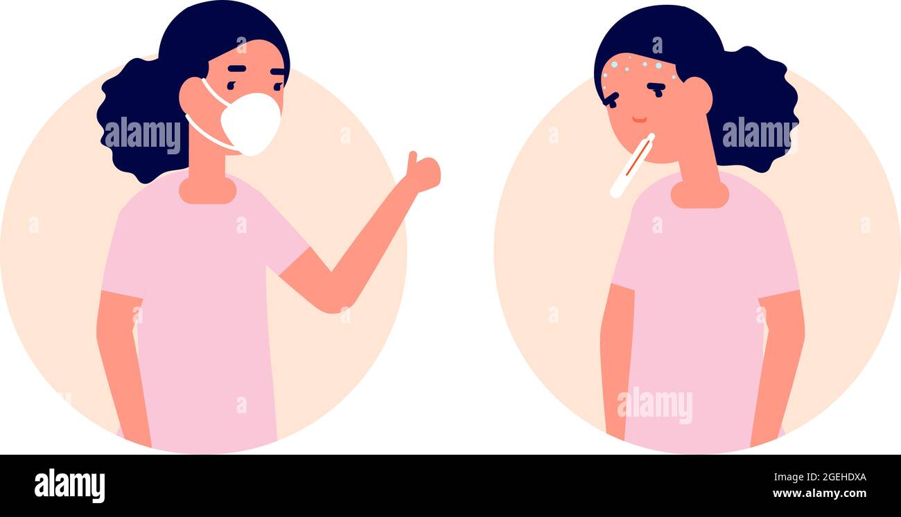 Maschera di usura per bambini. Sano vs malsano, ragazza con influenza o freddo. Bambino in protezione facciale, prevenzione malattia influenzale utter concetto vettoriale Illustrazione Vettoriale