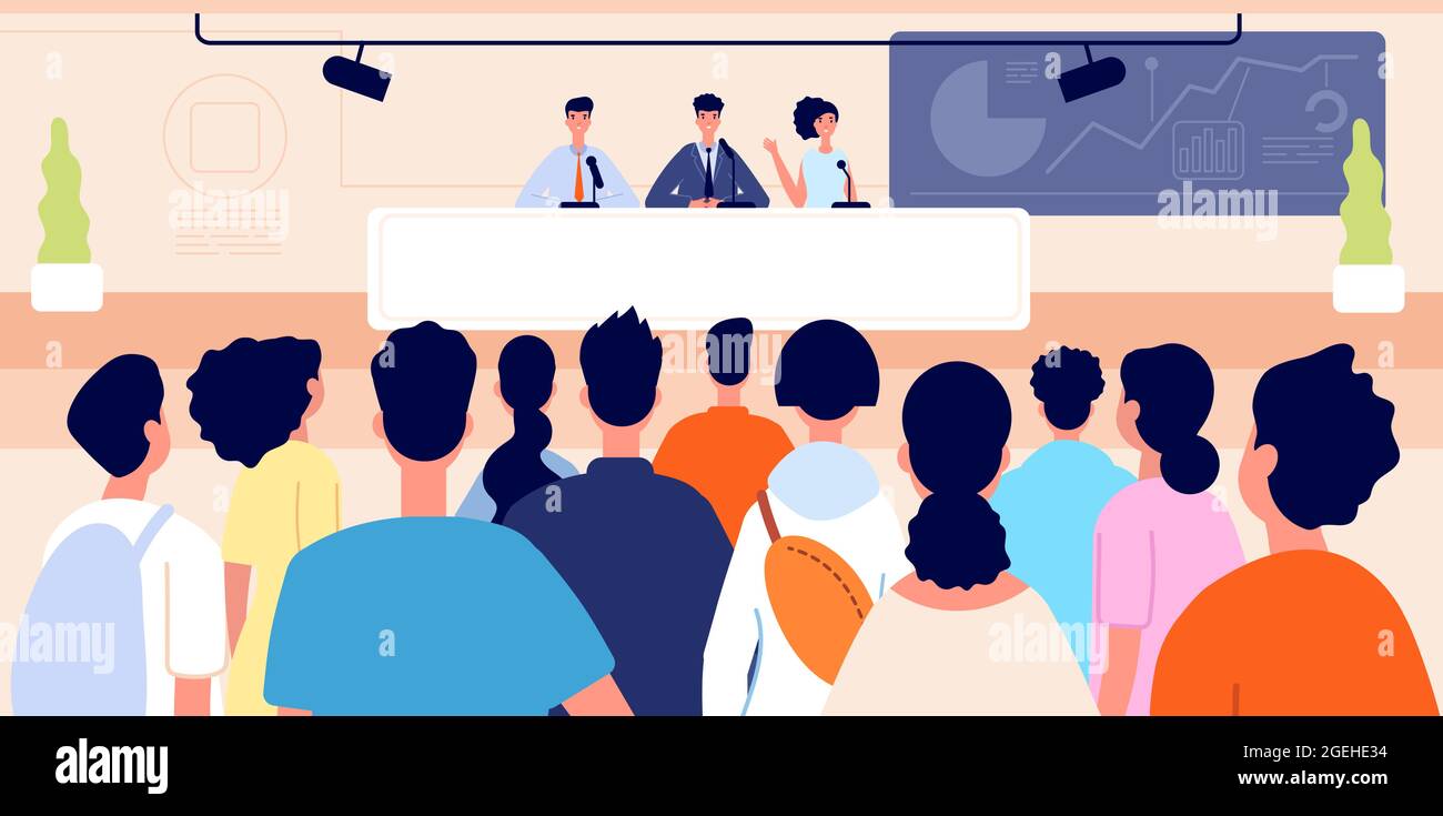 Conferenza stampa. Eventi aziendali, sala congressi con palco e auditorium. Persone sul podio, pubblico sulla presentazione utter concetto vettoriale Illustrazione Vettoriale