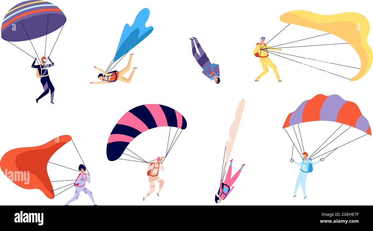 Personaggi dello skydiving. Skydiver, free jumping e volo in cielo. Sport estremi, le persone in tute caduta con paracadute, libertà utter vettore set Illustrazione Vettoriale