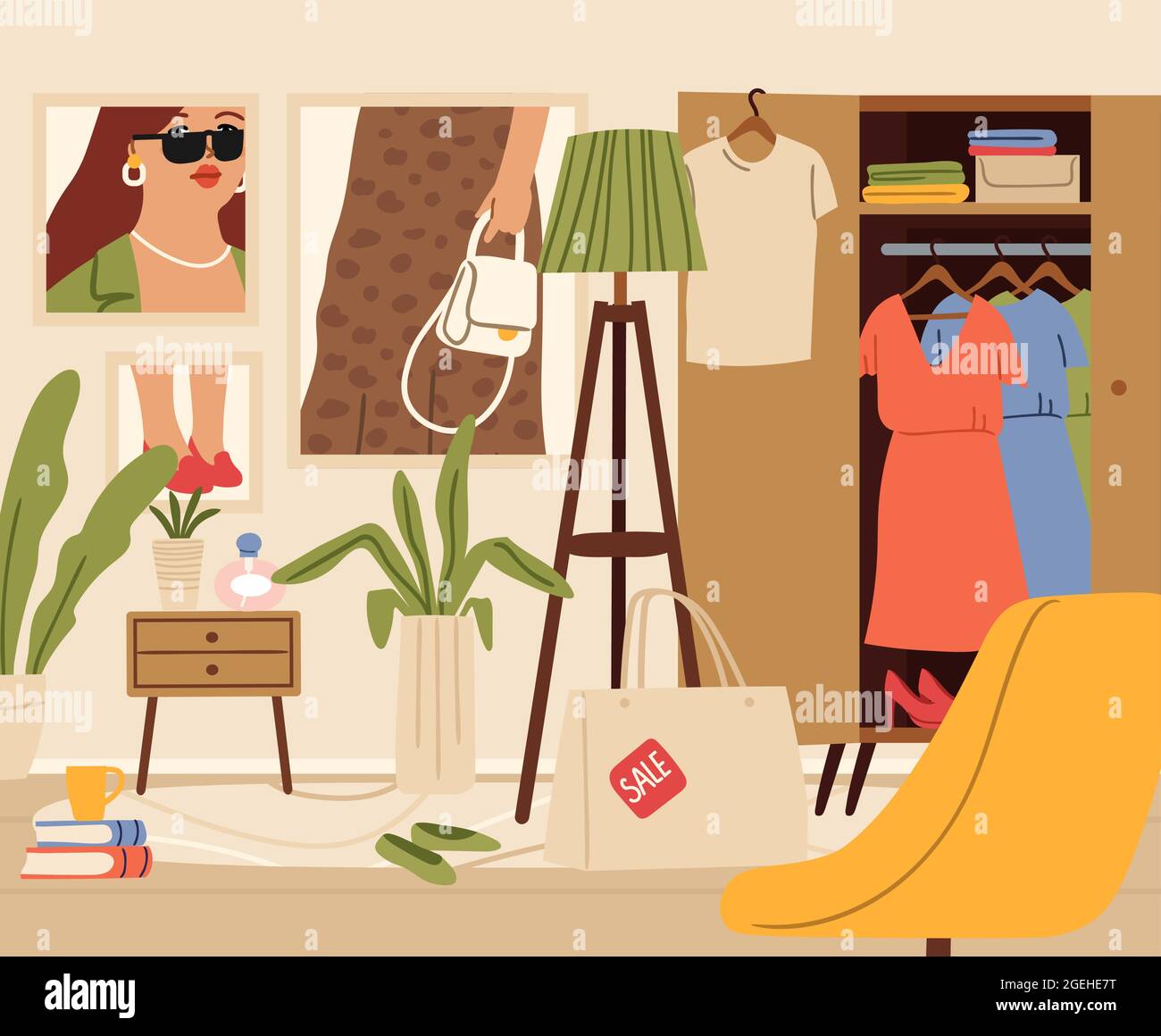 Caos in camera. Zona femminile, abitante o interno girl flat. Guardaroba, poster moda a parete, vendita borsa in appartamento illustrazione vettoriale Illustrazione Vettoriale