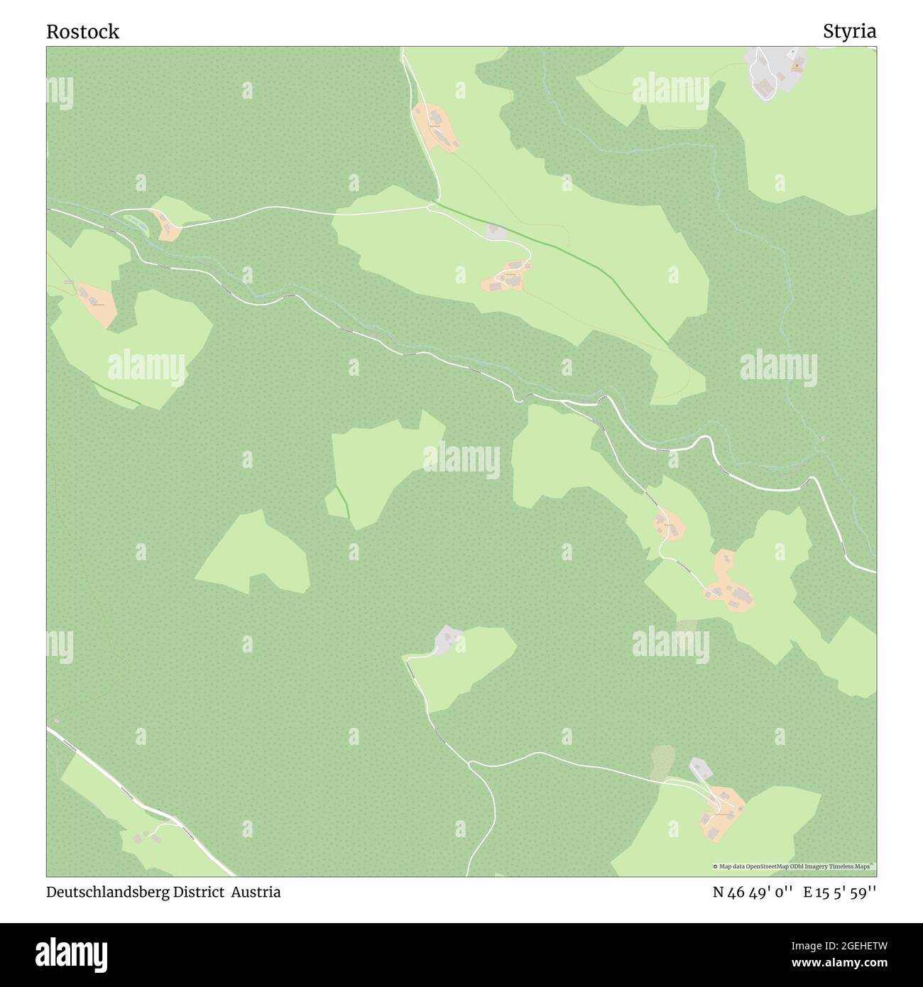 Rostock, Deutschlandsberg District, Austria, Stiria, N 46 49' 0'', e 15 5' 59''', mappa, mappa senza tempo pubblicata nel 2021. Viaggiatori, esploratori e avventurieri come Florence Nightingale, David Livingstone, Ernest Shackleton, Lewis and Clark e Sherlock Holmes si sono affidati alle mappe per pianificare i viaggi verso gli angoli più remoti del mondo, Timeless Maps sta mappando la maggior parte delle località del mondo, mostrando il successo di grandi sogni Foto Stock