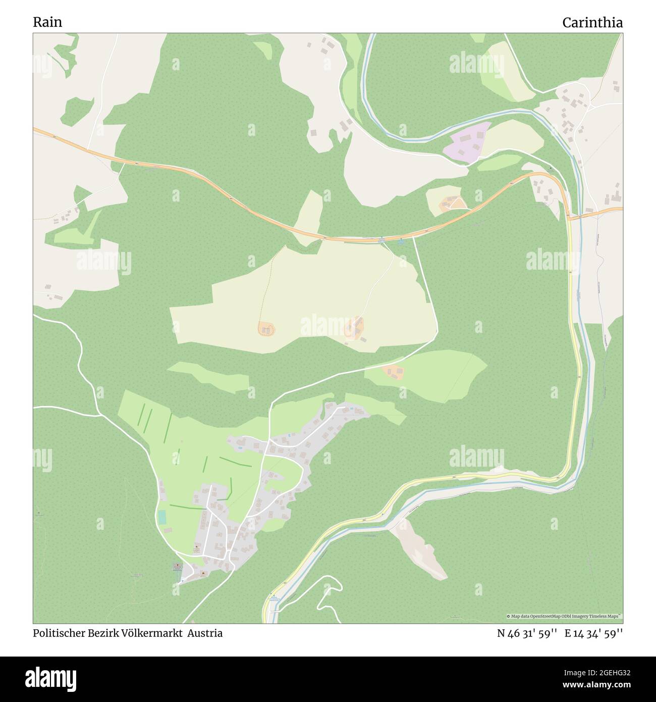 Rain, Politischer Bezirk Völkermarkt, Austria, Carinzia, N 46 31' 59'', e 14 34' 59''', mappa, Mappa senza tempo pubblicata nel 2021. Viaggiatori, esploratori e avventurieri come Florence Nightingale, David Livingstone, Ernest Shackleton, Lewis and Clark e Sherlock Holmes si sono affidati alle mappe per pianificare i viaggi verso gli angoli più remoti del mondo, Timeless Maps sta mappando la maggior parte delle località del mondo, mostrando il successo di grandi sogni Foto Stock