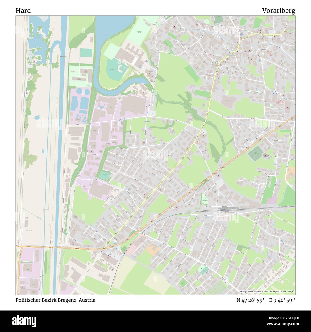 Hard, Politischer Bezirk Bregenz, Austria, Vorarlberg, N 47 28' 59'', e 9 40' 59''', map, Timeless Map Published in 2021. Viaggiatori, esploratori e avventurieri come Florence Nightingale, David Livingstone, Ernest Shackleton, Lewis and Clark e Sherlock Holmes si sono affidati alle mappe per pianificare i viaggi verso gli angoli più remoti del mondo, Timeless Maps sta mappando la maggior parte delle località del mondo, mostrando il successo di grandi sogni Foto Stock