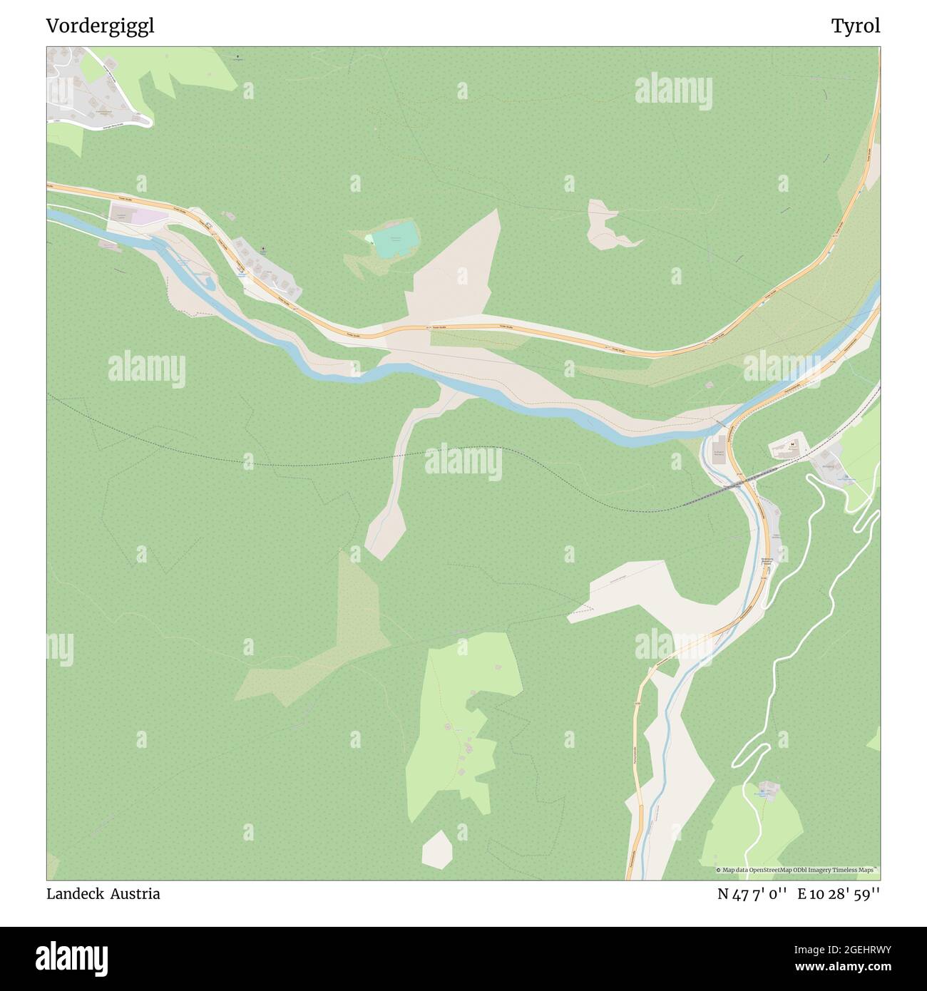 Vordergiggl, Landeck, Austria, Tirolo, N 47 7' 0''', e 10 28' 59''', mappa, mappa senza tempo pubblicata nel 2021. Viaggiatori, esploratori e avventurieri come Florence Nightingale, David Livingstone, Ernest Shackleton, Lewis and Clark e Sherlock Holmes si sono affidati alle mappe per pianificare i viaggi verso gli angoli più remoti del mondo, Timeless Maps sta mappando la maggior parte delle località del mondo, mostrando il successo di grandi sogni Foto Stock