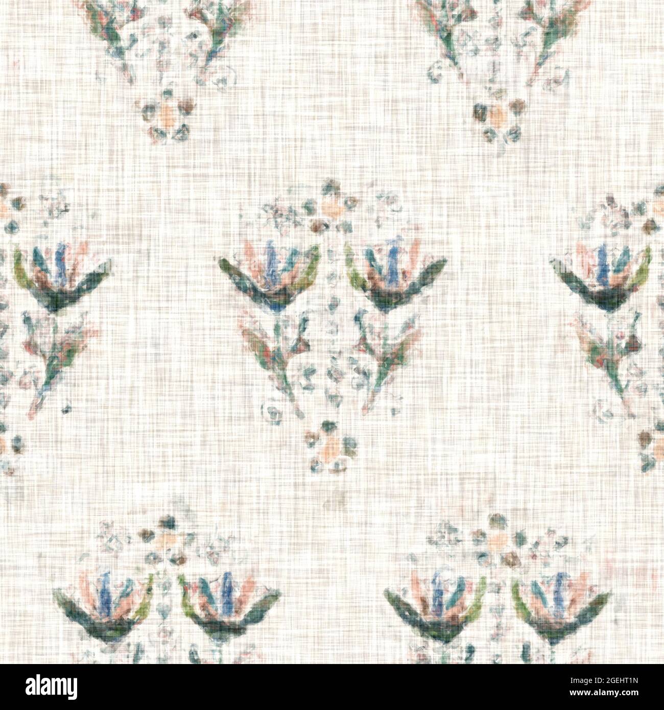 Tessuto di lino con motivo floreale grigio disegnato a mano. Capricci da giardino senza cuciture. Moderna primavera doodle floreale natura tessuto per arredamento casa. Botanico Foto Stock