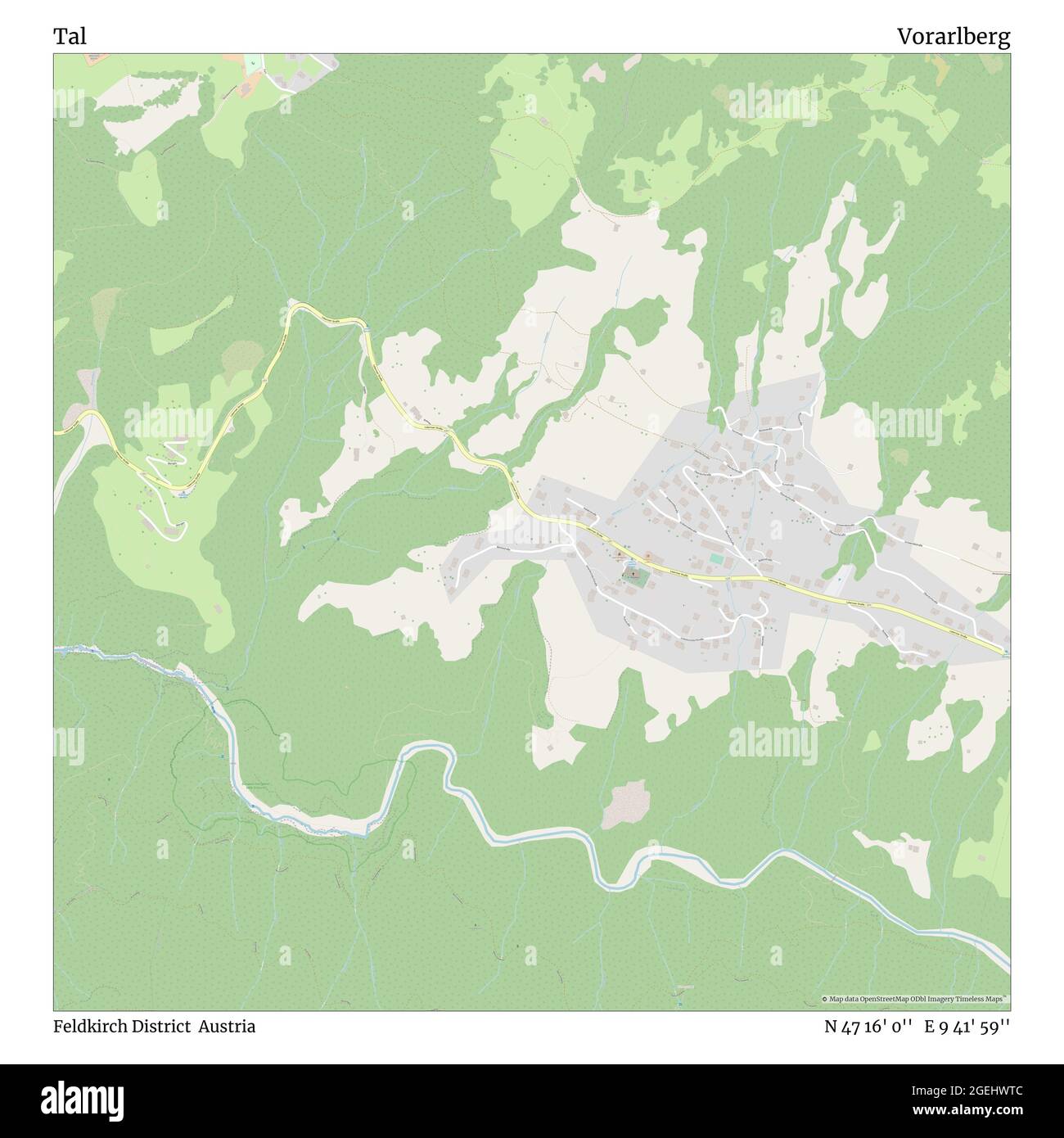 Tal, distretto di Feldkirch, Austria, Vorarlberg, N 47 16' 0'', e 9 41' 59''', mappa, mappa senza tempo pubblicata nel 2021. Viaggiatori, esploratori e avventurieri come Florence Nightingale, David Livingstone, Ernest Shackleton, Lewis and Clark e Sherlock Holmes si sono affidati alle mappe per pianificare i viaggi verso gli angoli più remoti del mondo, Timeless Maps sta mappando la maggior parte delle località del mondo, mostrando il successo di grandi sogni Foto Stock