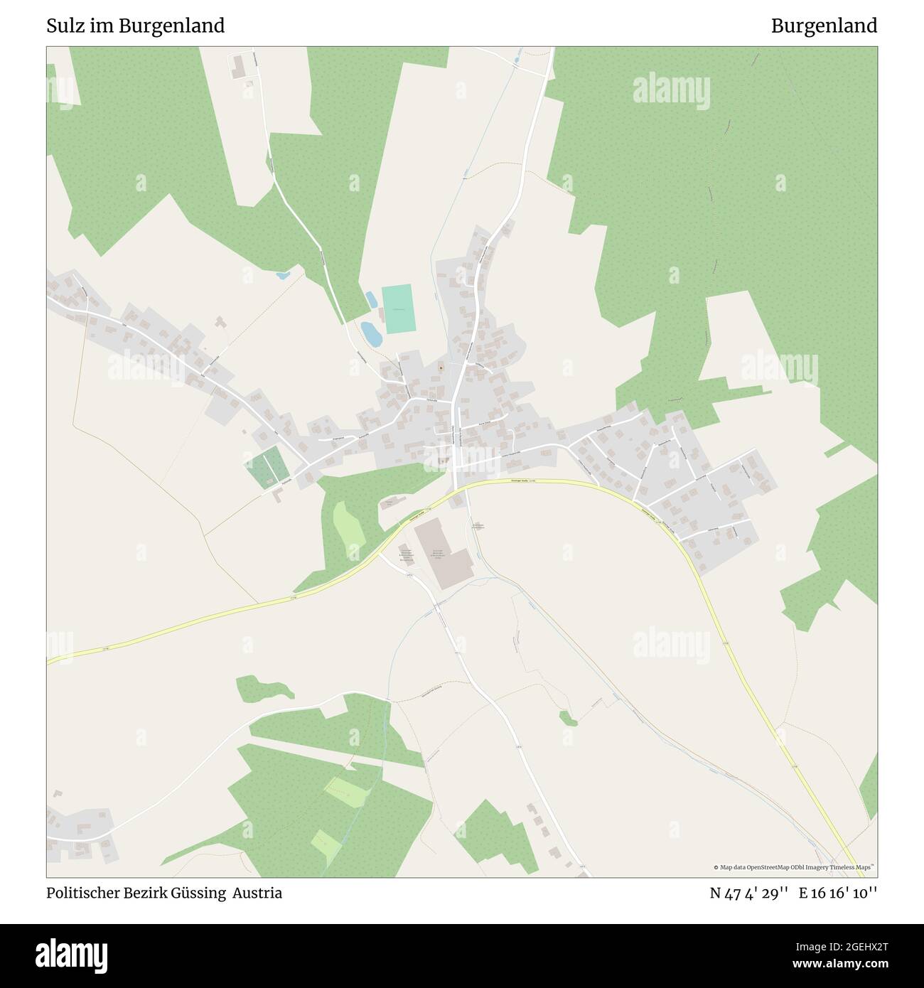 Sulz im Burgenland, Politischer Bezirk Güssing, Austria, Burgenland, N 47 4' 29'', e 16 16' 10''', mappa, mappa senza tempo pubblicata nel 2021. Viaggiatori, esploratori e avventurieri come Florence Nightingale, David Livingstone, Ernest Shackleton, Lewis and Clark e Sherlock Holmes si sono affidati alle mappe per pianificare i viaggi verso gli angoli più remoti del mondo, Timeless Maps sta mappando la maggior parte delle località del mondo, mostrando il successo di grandi sogni Foto Stock