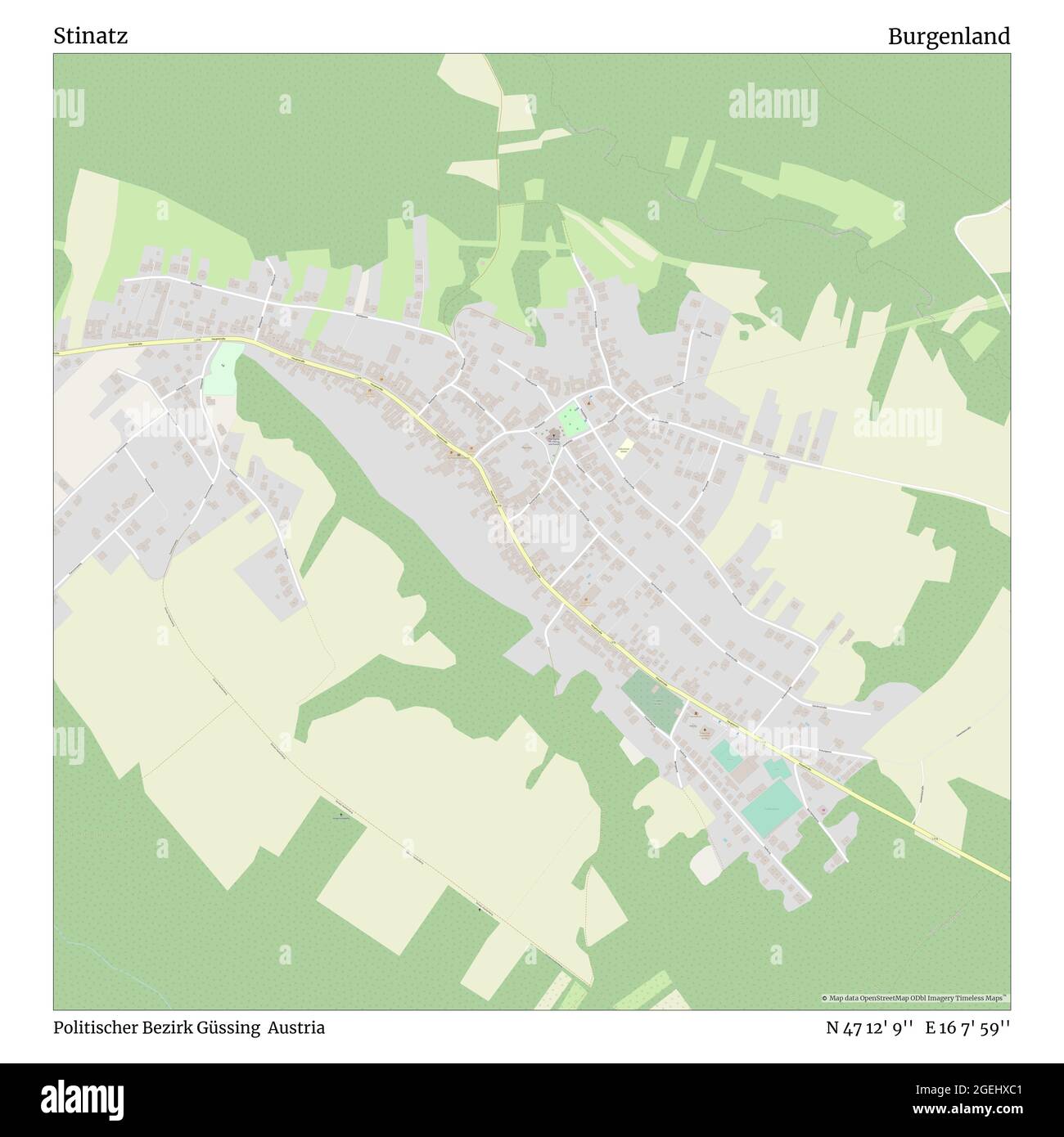 Stinatz, Politischer Bezirk Güssing, Austria, Burgenland, N 47 12' 9'', e 16 7' 59''', mappa, Mappa senza tempo pubblicata nel 2021. Viaggiatori, esploratori e avventurieri come Florence Nightingale, David Livingstone, Ernest Shackleton, Lewis and Clark e Sherlock Holmes si sono affidati alle mappe per pianificare i viaggi verso gli angoli più remoti del mondo, Timeless Maps sta mappando la maggior parte delle località del mondo, mostrando il successo di grandi sogni Foto Stock