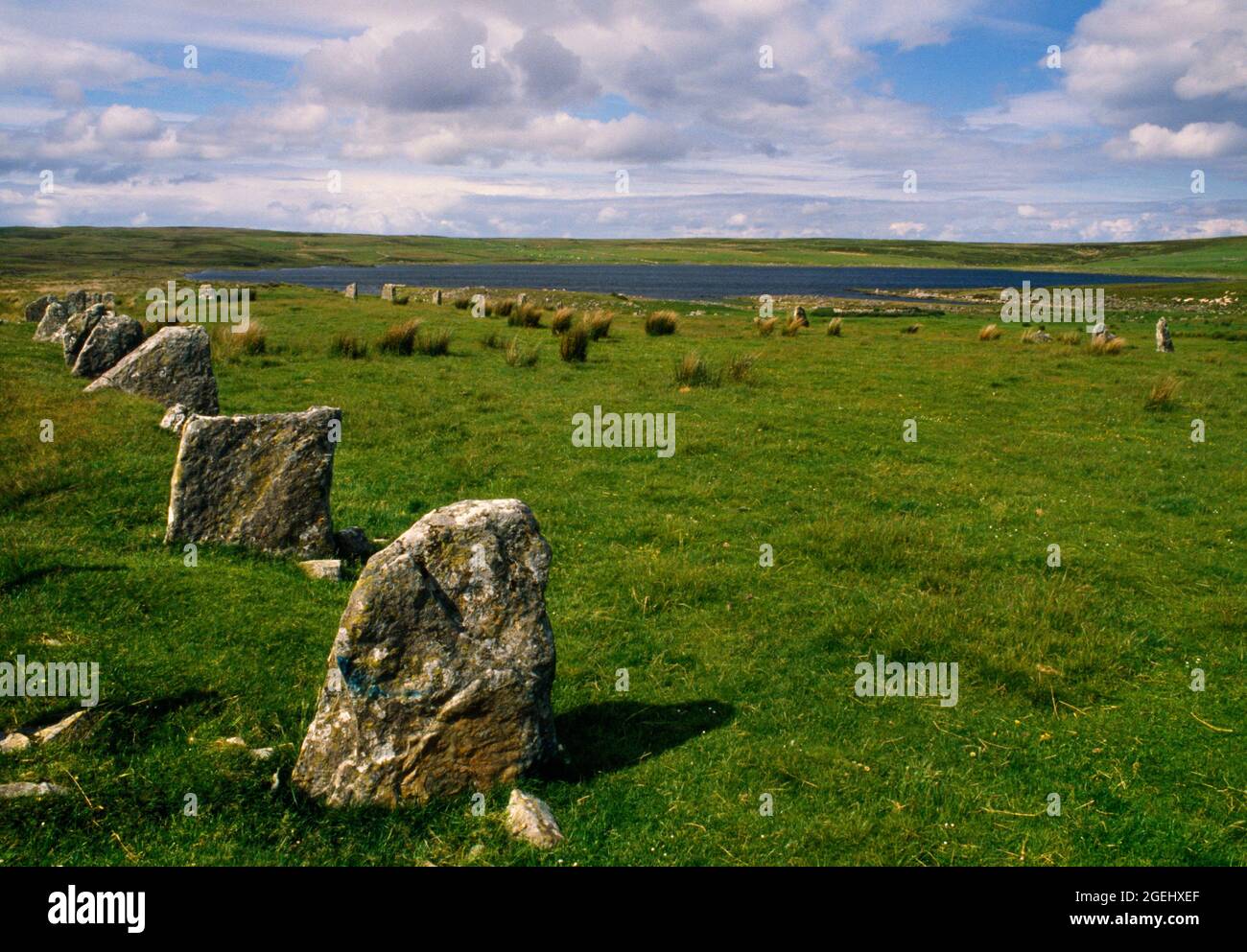 Achavanich lungo (68 x 30m) a forma di U di pietre in piedi guardando N verso l'estremità chiusa e Loch Stemster, Caithness, Scozia, Regno Unito. Foto Stock