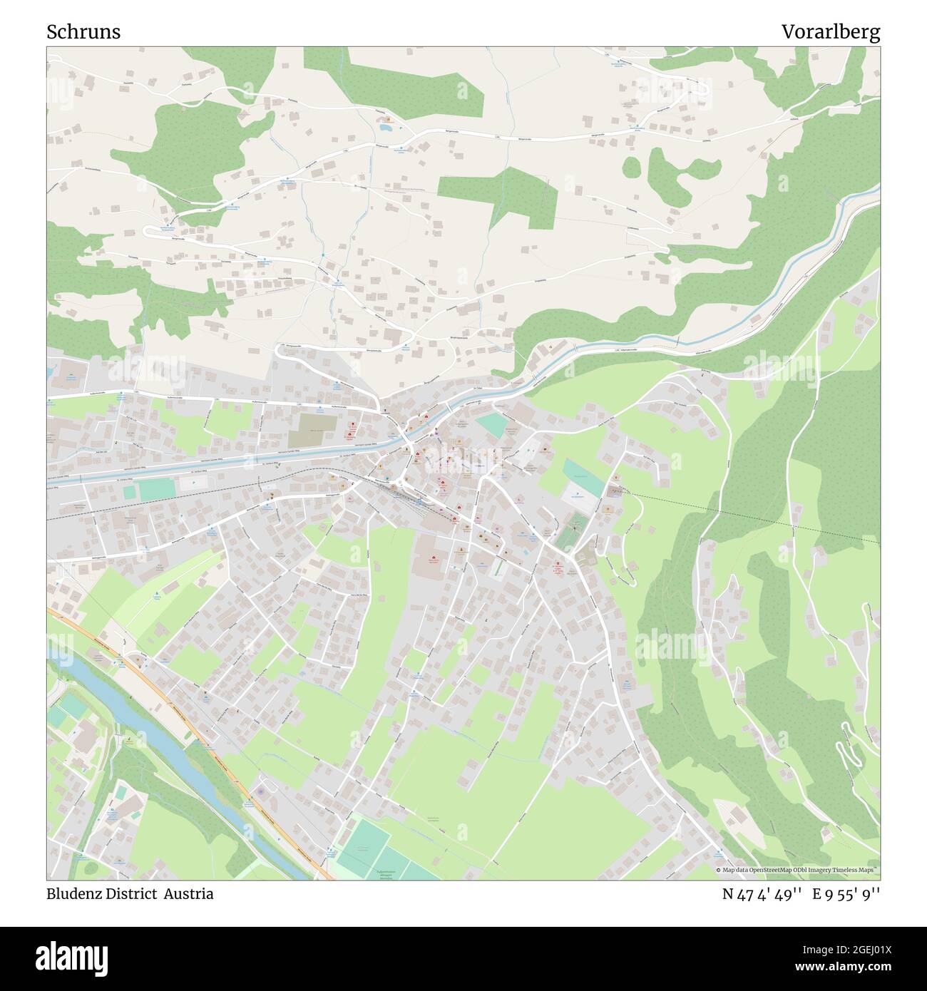 Schruns, distretto di Bludenz, Austria, Vorarlberg, N 47 4' 49''', e 9 55' 9''', mappa, mappa senza tempo pubblicata nel 2021. Viaggiatori, esploratori e avventurieri come Florence Nightingale, David Livingstone, Ernest Shackleton, Lewis and Clark e Sherlock Holmes si sono affidati alle mappe per pianificare i viaggi verso gli angoli più remoti del mondo, Timeless Maps sta mappando la maggior parte delle località del mondo, mostrando il successo di grandi sogni Foto Stock