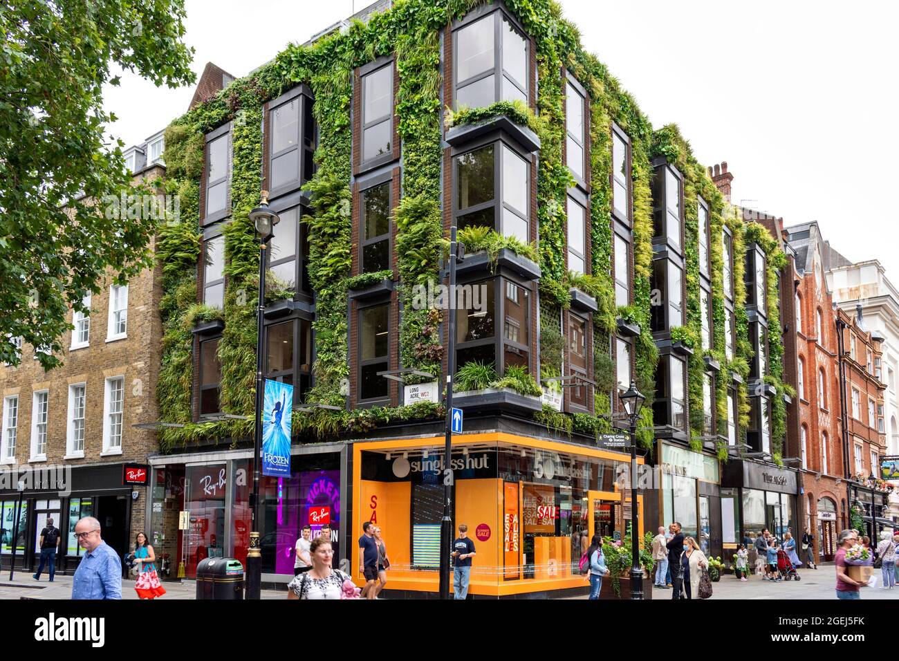 LONDRA A LUNGO ACRO E JAMES STREET COVENT GARDEN IL MURO VERDE UN EDIFICIO COPERTO DI ERBA DI FELCI E PIANTE Foto Stock