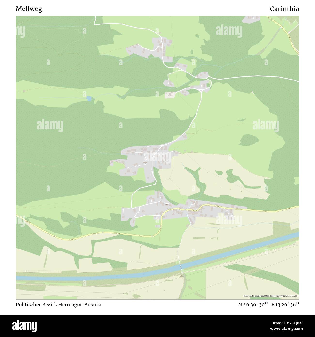 Mellweg, Politischer Bezirk Hermagor, Austria, Carinzia, N 46 36' 30'', e 13 26' 36''', mappa, Mappa senza tempo pubblicata nel 2021. Viaggiatori, esploratori e avventurieri come Florence Nightingale, David Livingstone, Ernest Shackleton, Lewis and Clark e Sherlock Holmes si sono affidati alle mappe per pianificare i viaggi verso gli angoli più remoti del mondo, Timeless Maps sta mappando la maggior parte delle località del mondo, mostrando il successo di grandi sogni Foto Stock