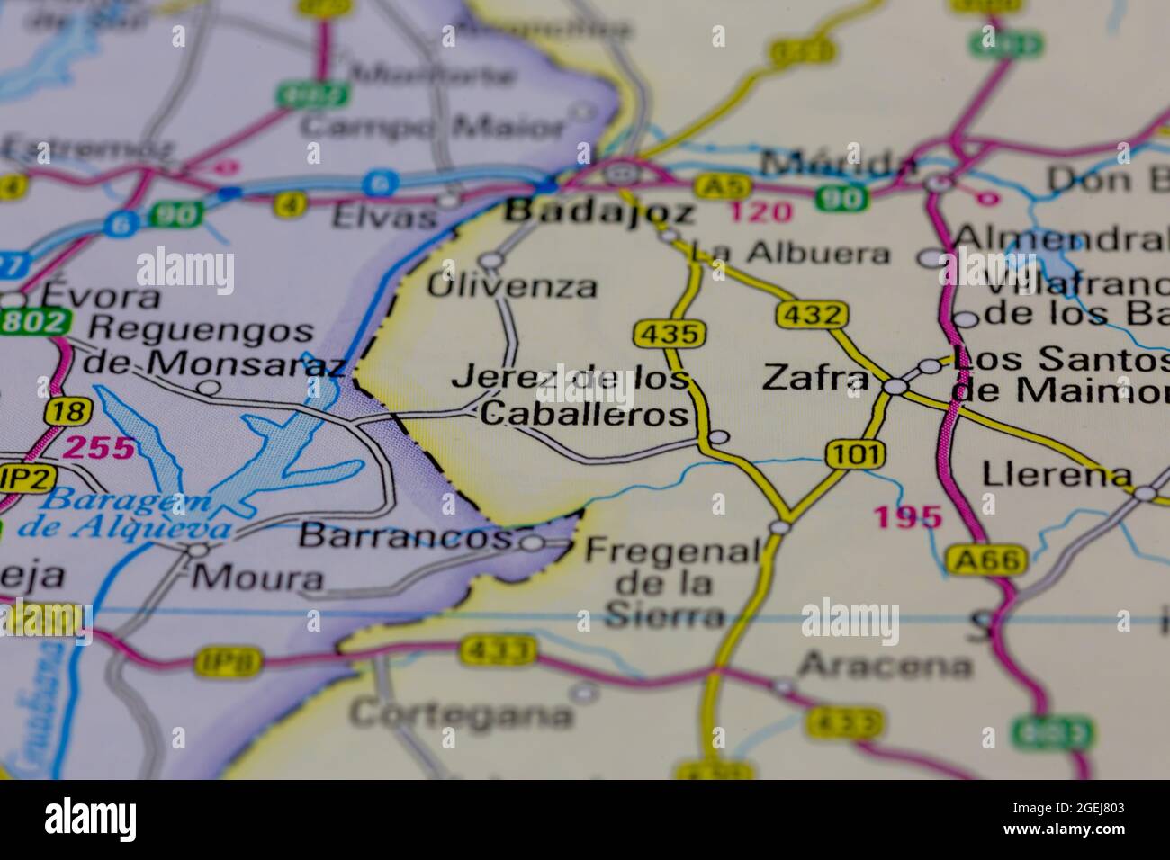 Jerez de los Caballeros Spagna è indicato su una mappa stradale o su una mappa geografica Foto Stock