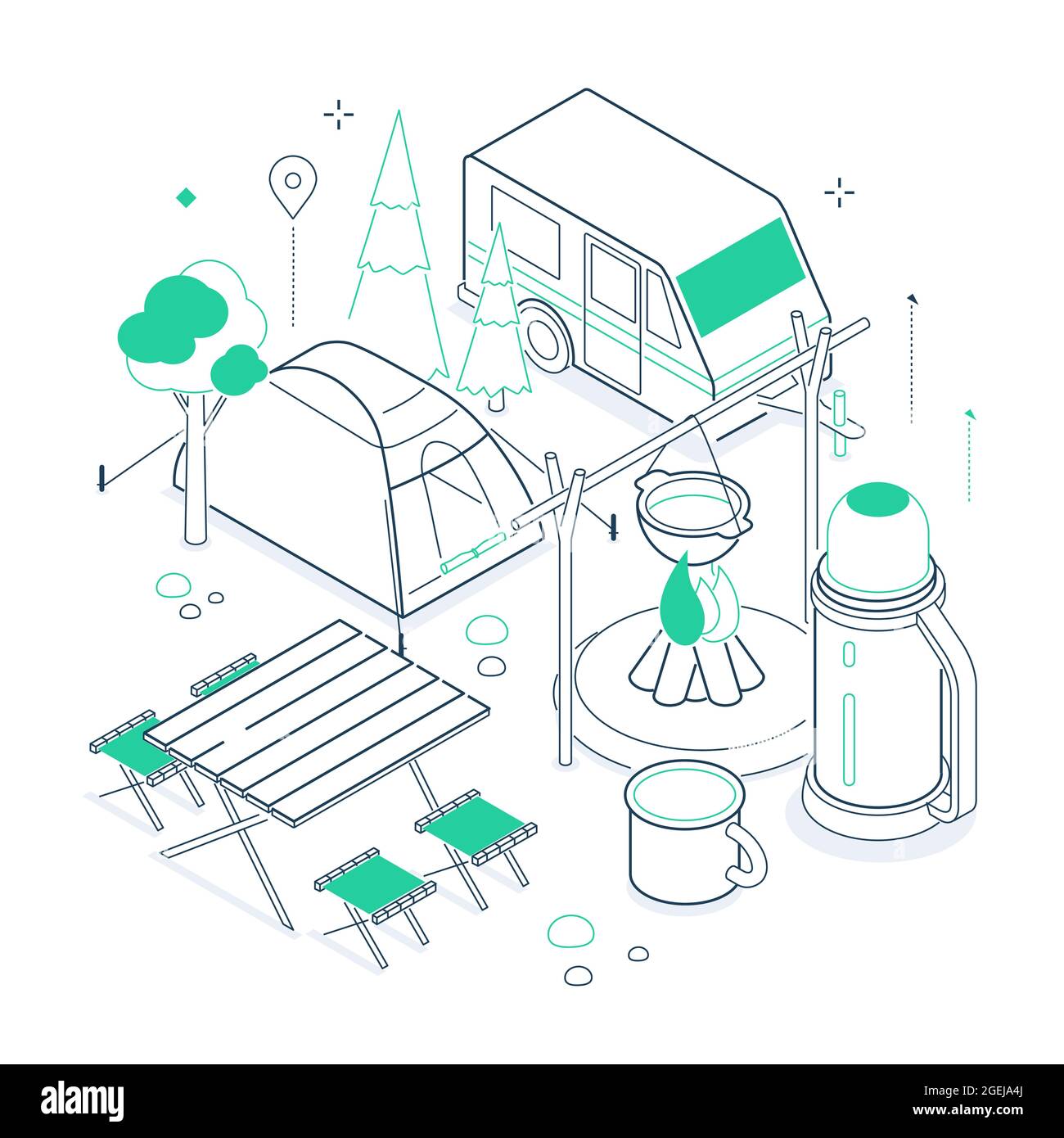 Turismo - illustrazione isometrica con linea nera e verde. Arte pulita ed elegante con design sottile e raffinato. Riposo fuori città in una foresta o in un'area protetta w Illustrazione Vettoriale