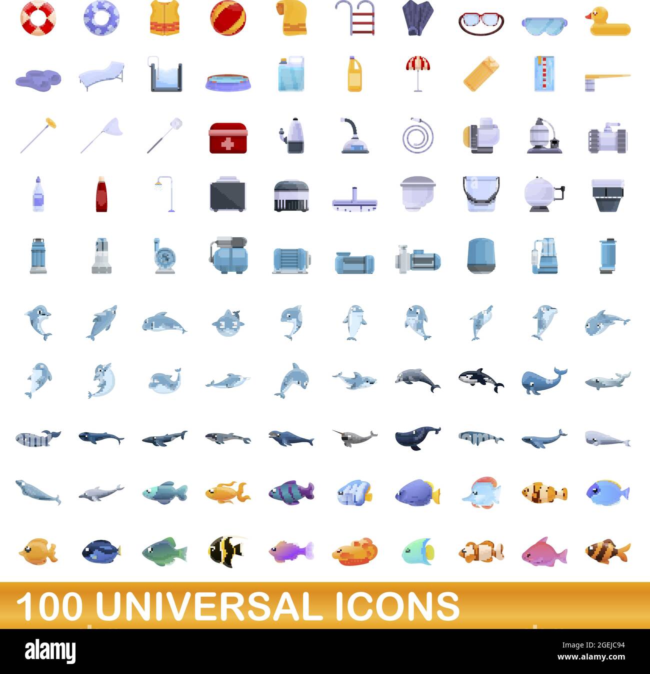 100 universal set di icone. Cartoon illustrazione di 100 icone universali set di vettore isolato su sfondo bianco Illustrazione Vettoriale