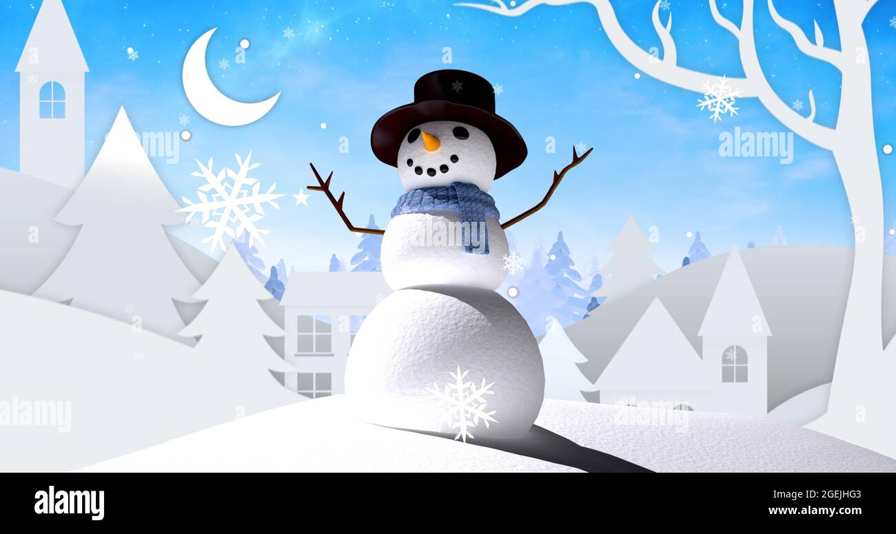 Immagine del paesaggio invernale con un pupazzo di neve felice Foto Stock