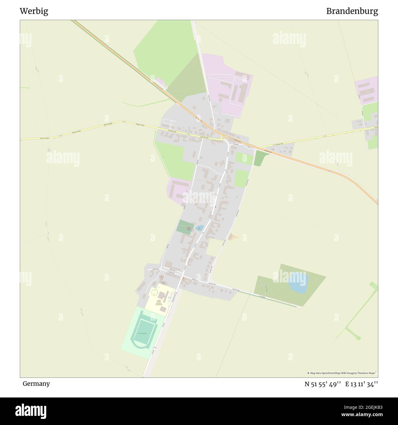 Werbig, Germania, Brandeburgo, N 51 55' 49'', e 13 11' 34'', mappa, Mappa senza tempo pubblicata nel 2021. Viaggiatori, esploratori e avventurieri come Florence Nightingale, David Livingstone, Ernest Shackleton, Lewis and Clark e Sherlock Holmes si sono affidati alle mappe per pianificare i viaggi verso gli angoli più remoti del mondo, Timeless Maps sta mappando la maggior parte delle località del mondo, mostrando il successo di grandi sogni Foto Stock