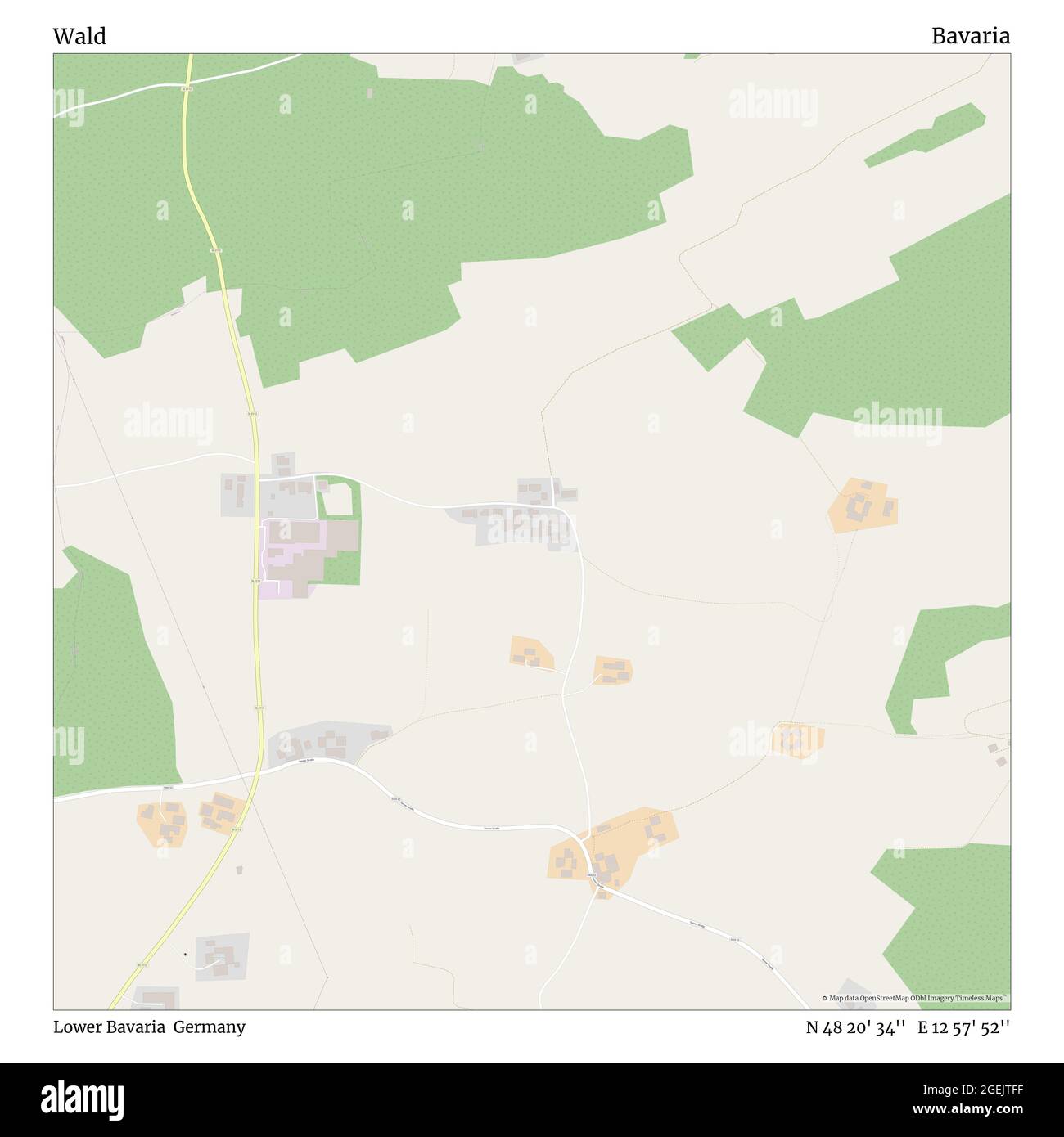 Wald, bassa Baviera, Germania, Baviera, N 48 20' 34'', e 12 57' 52'', mappa, mappa senza tempo pubblicata nel 2021. Viaggiatori, esploratori e avventurieri come Florence Nightingale, David Livingstone, Ernest Shackleton, Lewis and Clark e Sherlock Holmes si sono affidati alle mappe per pianificare i viaggi verso gli angoli più remoti del mondo, Timeless Maps sta mappando la maggior parte delle località del mondo, mostrando il successo di grandi sogni Foto Stock