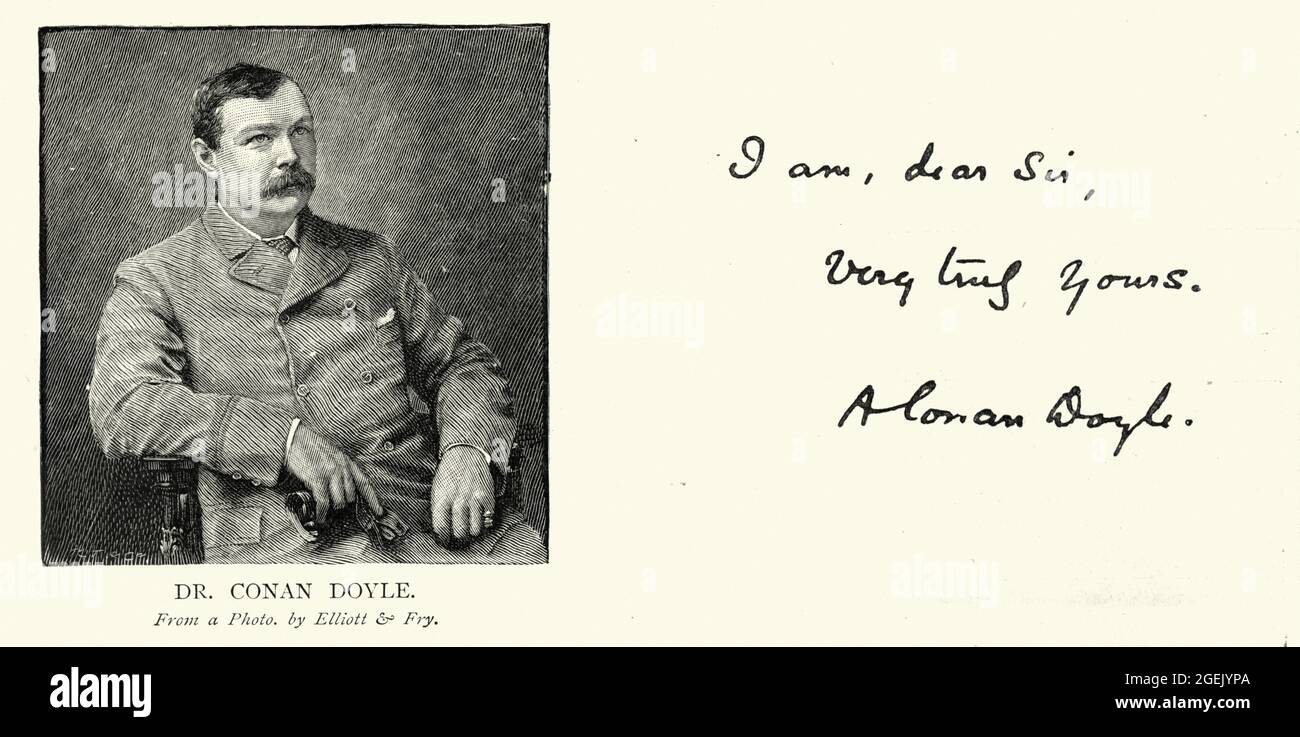 Incisione vintage di Arthur Conan Doyle, scrittore britannico e medico. Creò il personaggio Sherlock Holmes nel 1887 Foto Stock