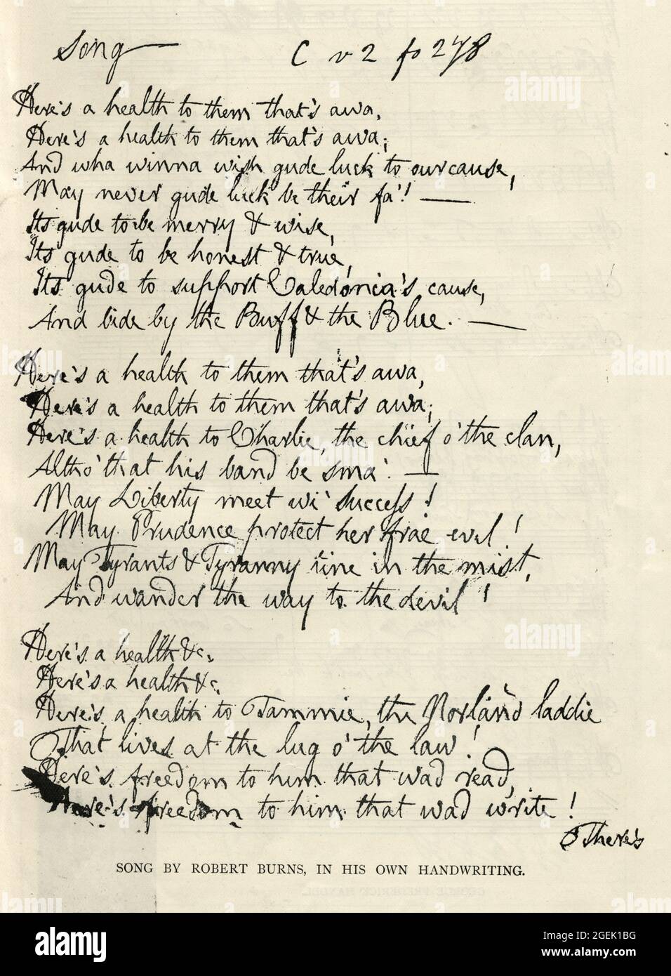 Canzone di Robert Burns nella sua propria scrittura a mano Foto Stock