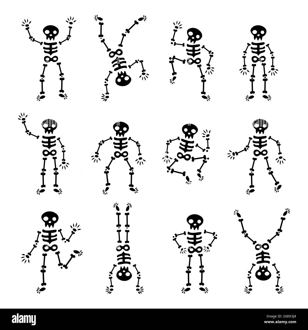 Elementi vettoriali per il design di Halloween. Semplici scheletri danzanti. Varie pose scheletriche isolate. Divertenti scheletri in diverse pose. Illustrazione Vettoriale