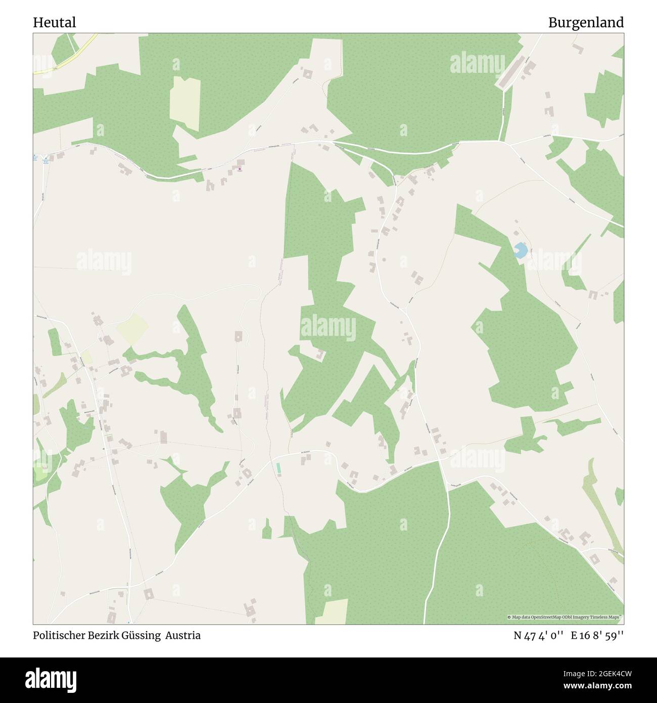 Heutal, Politischer Bezirk Güssing, Austria, Burgenland, N 47 4' 0''', e 16 8' 59''', mappa, Mappa senza tempo pubblicata nel 2021. Viaggiatori, esploratori e avventurieri come Florence Nightingale, David Livingstone, Ernest Shackleton, Lewis and Clark e Sherlock Holmes si sono affidati alle mappe per pianificare i viaggi verso gli angoli più remoti del mondo, Timeless Maps sta mappando la maggior parte delle località del mondo, mostrando il successo di grandi sogni Foto Stock