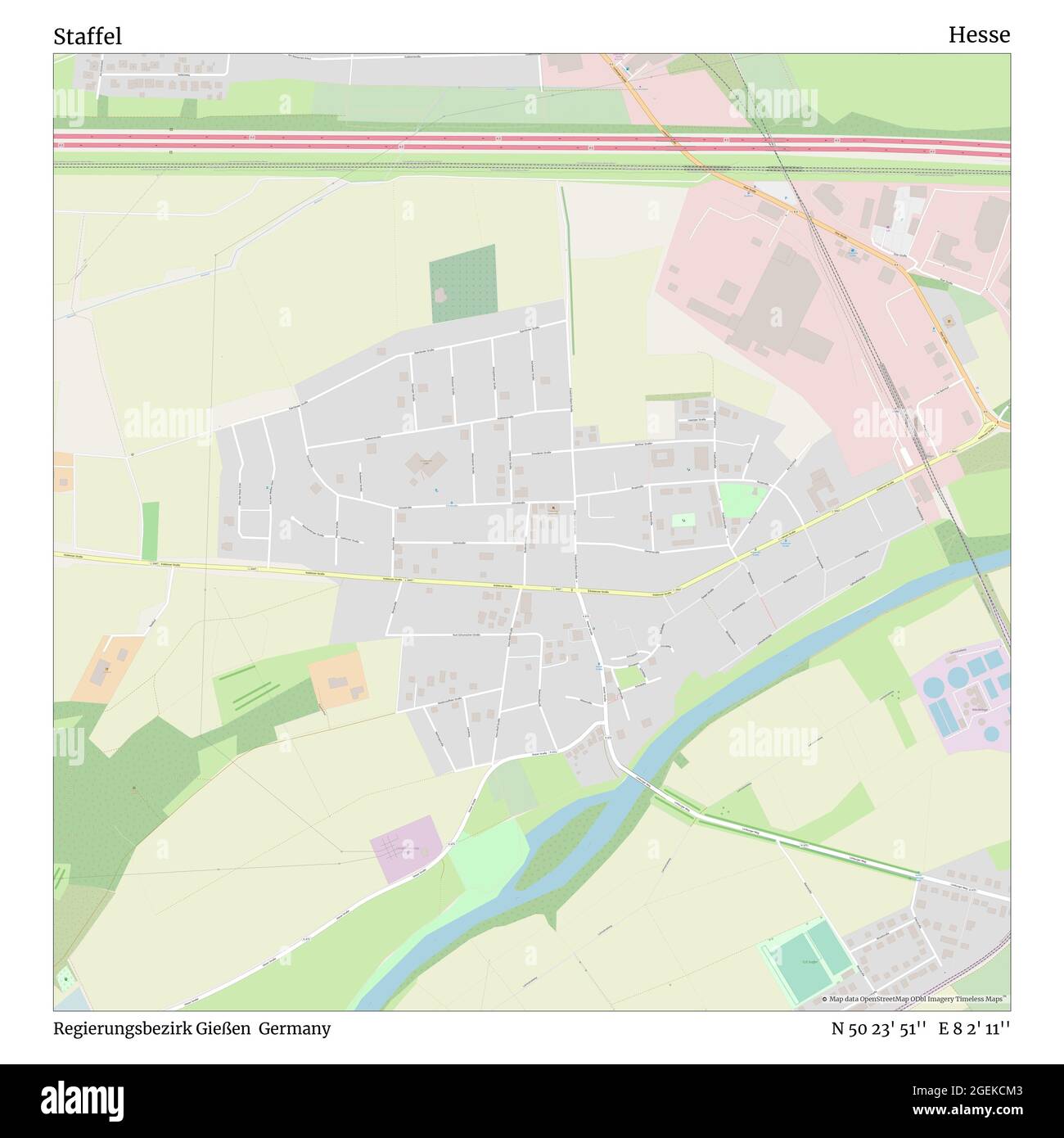 Staffel, Regierungsbezirk Gießen, Germania, Assia, N 50 23' 51'', e 8 2' 11''', mappa, Mappa senza tempo pubblicata nel 2021. Viaggiatori, esploratori e avventurieri come Florence Nightingale, David Livingstone, Ernest Shackleton, Lewis and Clark e Sherlock Holmes si sono affidati alle mappe per pianificare i viaggi verso gli angoli più remoti del mondo, Timeless Maps sta mappando la maggior parte delle località del mondo, mostrando il successo di grandi sogni Foto Stock